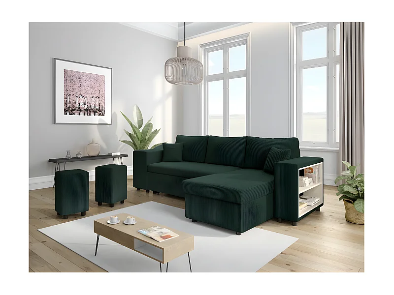Canapé d'angle réversible Mady avec coffre, rangement poufs à gauche en velours côtelé vert foncé - L254 x P146 x H81cm - Loungitude