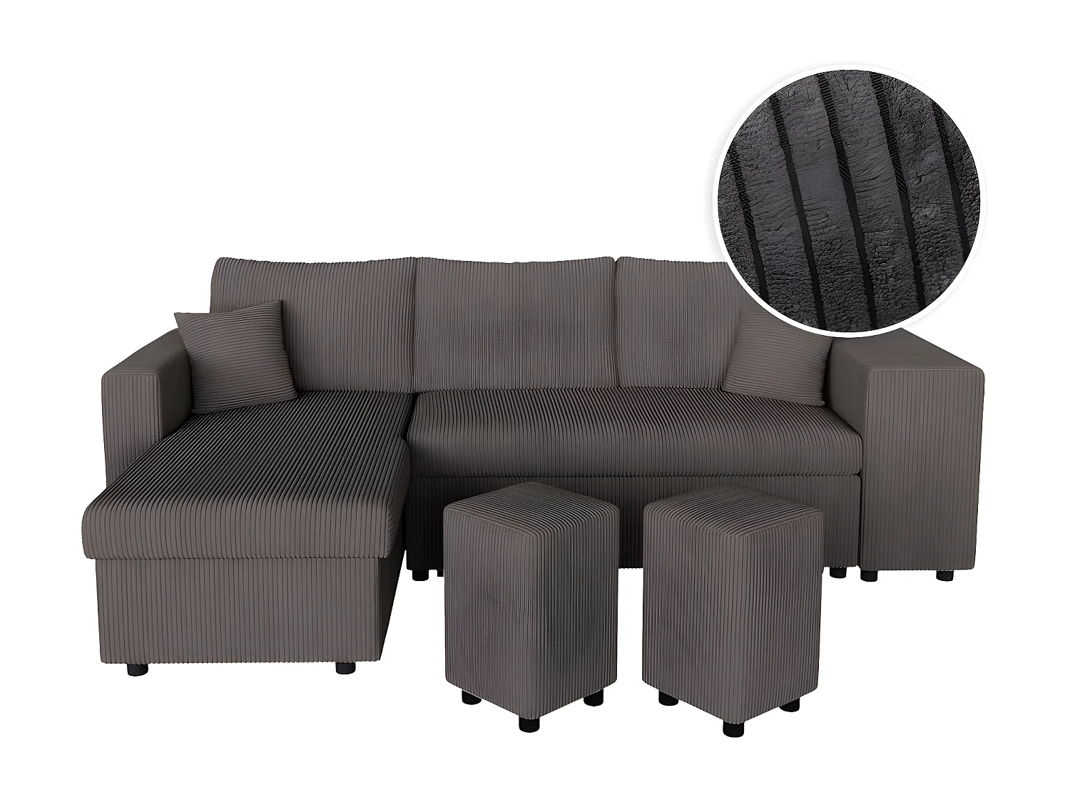 Canapé d'angle réversible convertible Oslo coffre 2 poufs à droite en velours côtelé Gris anthracite - L241 x P146 x H81cm - Loungitude