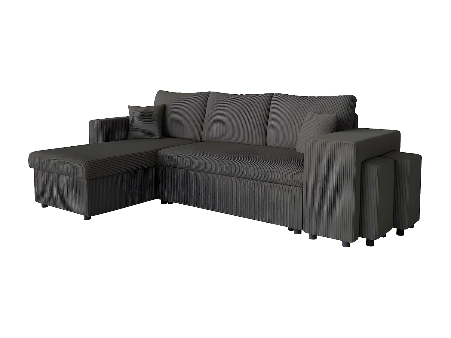 Canapé d'angle réversible convertible Oslo coffre 2 poufs à droite en velours côtelé Gris anthracite - L241 x P146 x H81cm - Loungitude