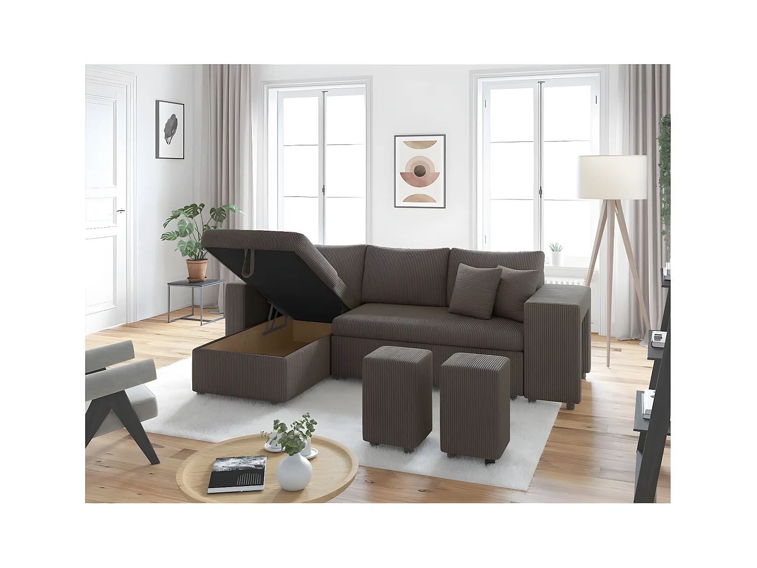 Canapé d'angle réversible convertible Oslo coffre 2 poufs à droite en velours côtelé Gris anthracite - L241 x P146 x H81cm - Loungitude