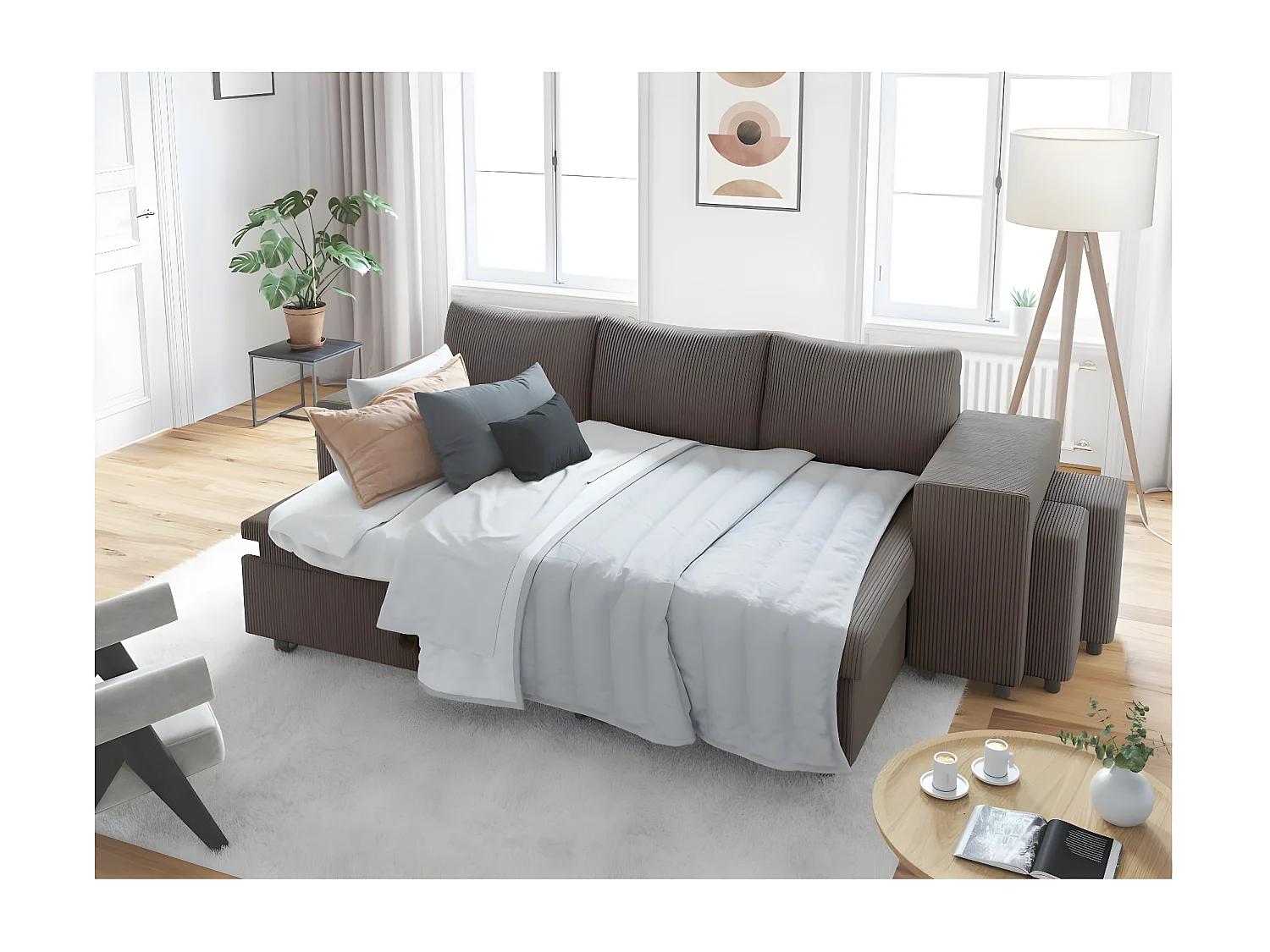 Canapé d'angle réversible convertible Oslo coffre 2 poufs à droite en velours côtelé Gris anthracite - L241 x P146 x H81cm - Loungitude