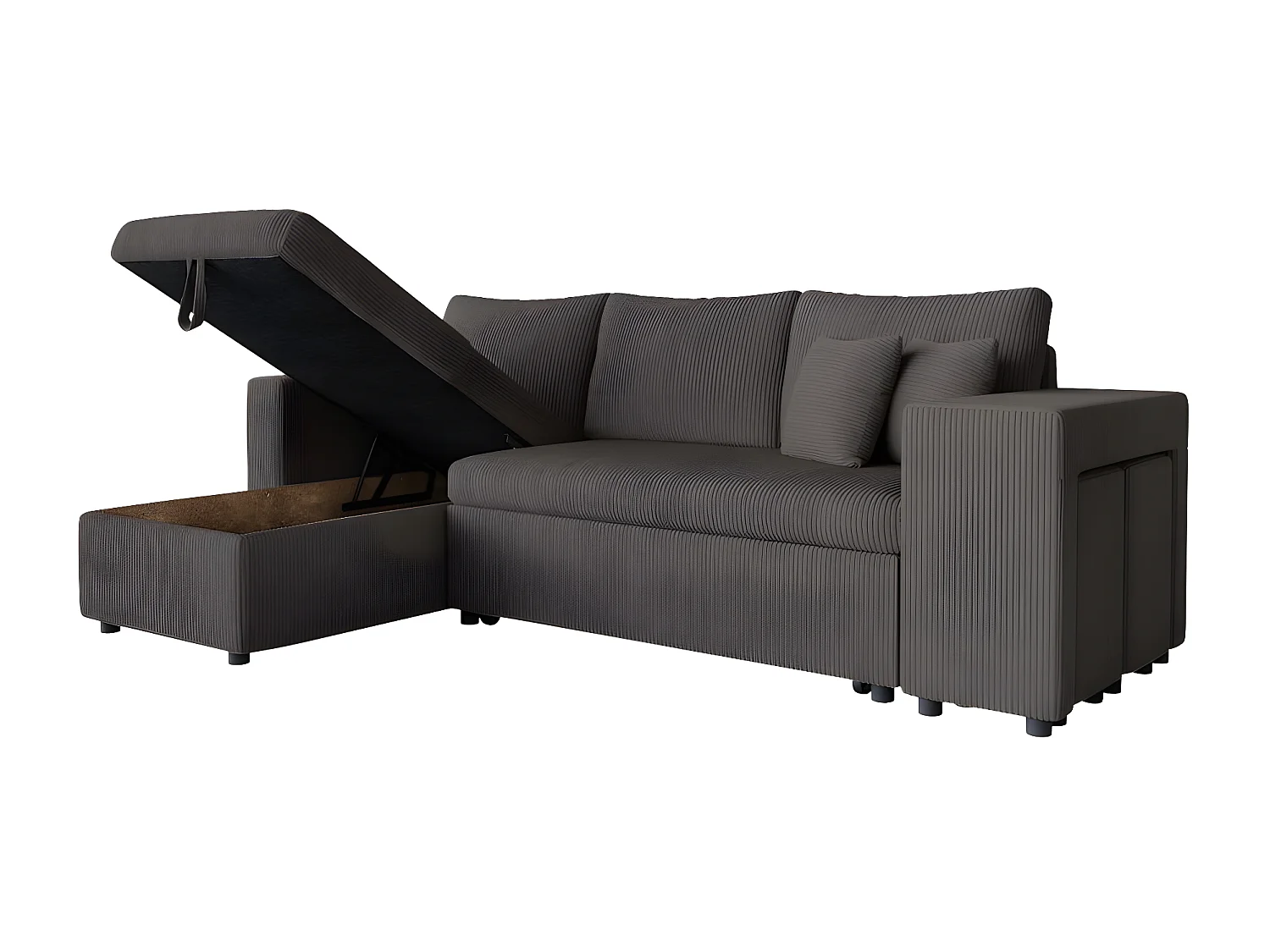 Canapé d'angle réversible convertible Oslo coffre 2 poufs à droite en velours côtelé Gris anthracite - L241 x P146 x H81cm - Loungitude