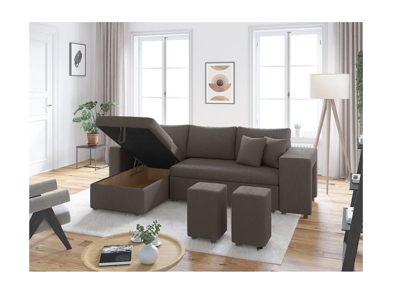 Canapé d'angle réversible convertible Oslo coffre 2 poufs à droite en velours côtelé Gris anthracite - L241 x P146 x H81cm - Loungitude