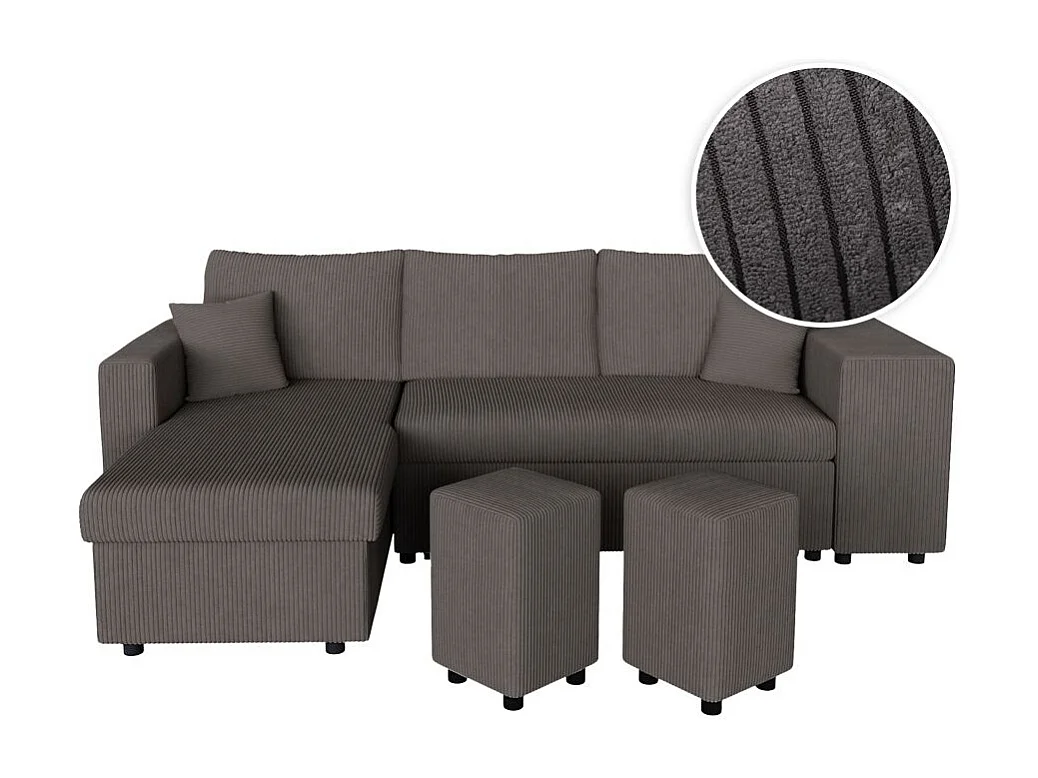 Canapé d'angle réversible convertible Oslo coffre 2 poufs à droite en velours côtelé Gris anthracite - L241 x P146 x H81cm - Loungitude