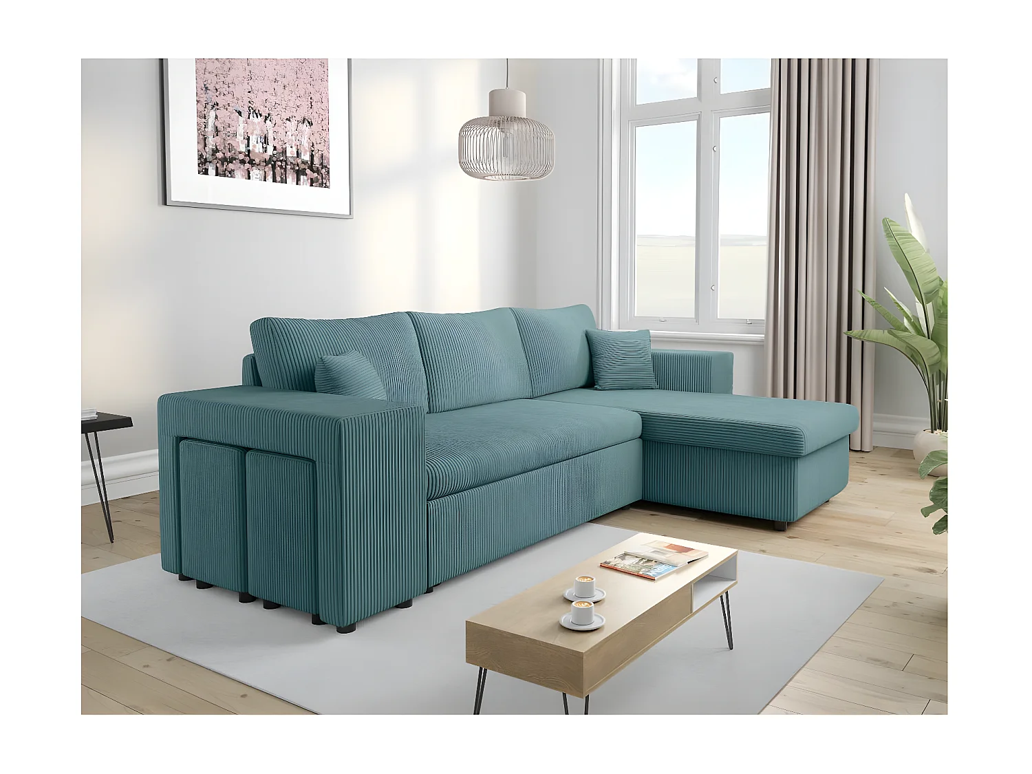 Canapé d'angle réversible Mady avec coffre, rangement poufs à gauche en velours côtelé bleu clair - L254 x P146 x H81cm - Loungitude