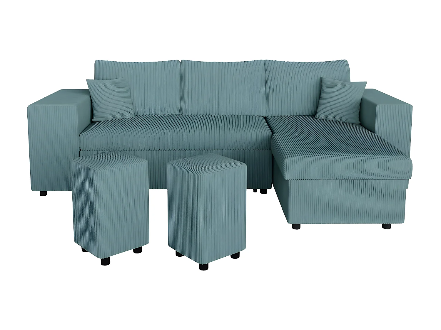 Canapé d'angle réversible Mady avec coffre, rangement poufs à gauche en velours côtelé bleu clair - L254 x P146 x H81cm - Loungitude