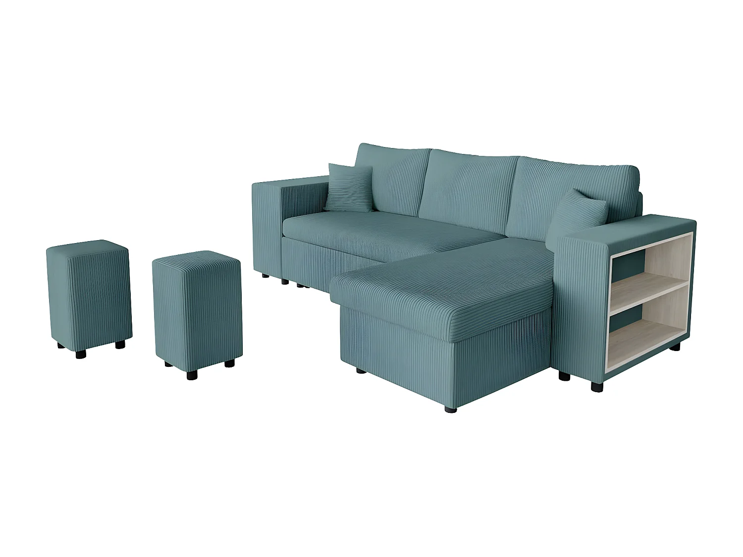 Canapé d'angle réversible Mady avec coffre, rangement poufs à gauche en velours côtelé bleu clair - L254 x P146 x H81cm - Loungitude