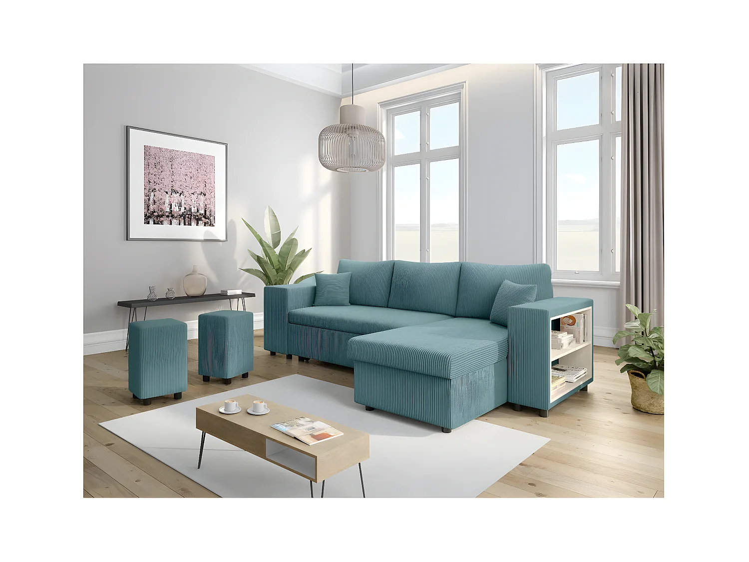 Canapé d'angle réversible Mady avec coffre, rangement poufs à gauche en velours côtelé bleu clair - L254 x P146 x H81cm - Loungitude