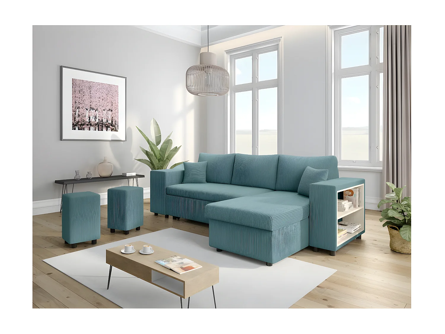 Canapé d'angle réversible Mady avec coffre, rangement poufs à gauche en velours côtelé bleu clair - L254 x P146 x H81cm - Loungitude