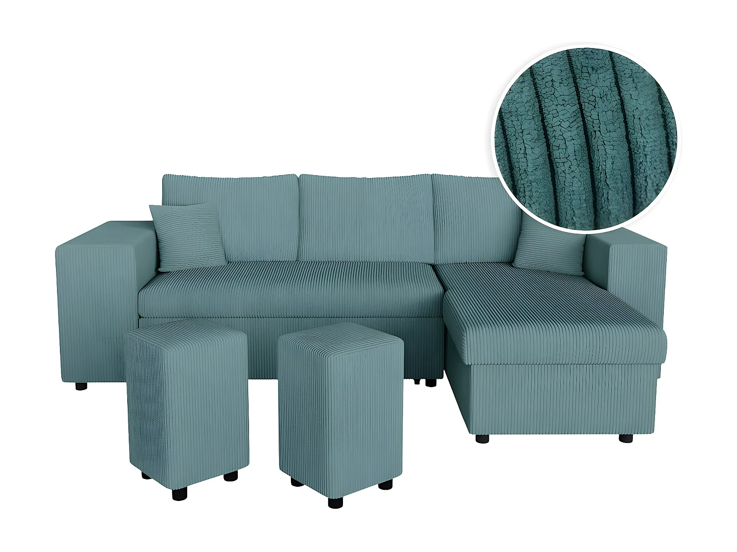 Canapé d'angle réversible Mady avec coffre, rangement poufs à gauche en velours côtelé bleu clair - L254 x P146 x H81cm - Loungitude