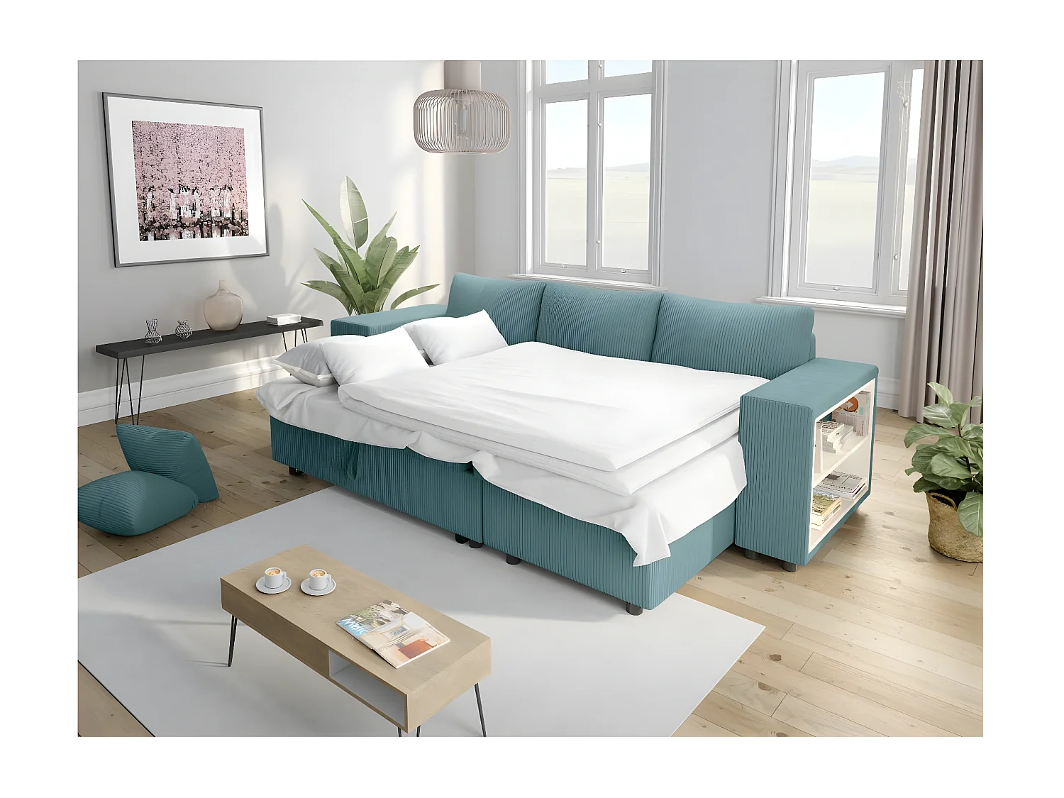 Canapé d'angle réversible Mady avec coffre, rangement poufs à gauche en velours côtelé bleu clair - L254 x P146 x H81cm - Loungitude