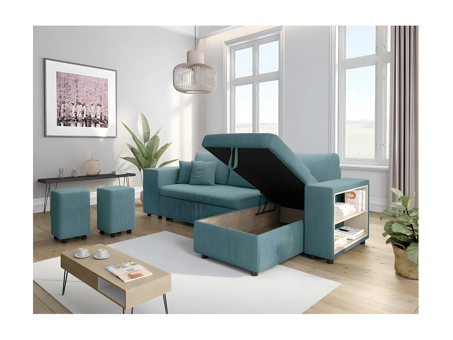 Canapé d'angle réversible Mady avec coffre, rangement poufs à gauche en velours côtelé bleu clair - L254 x P146 x H81cm - Loungitude
