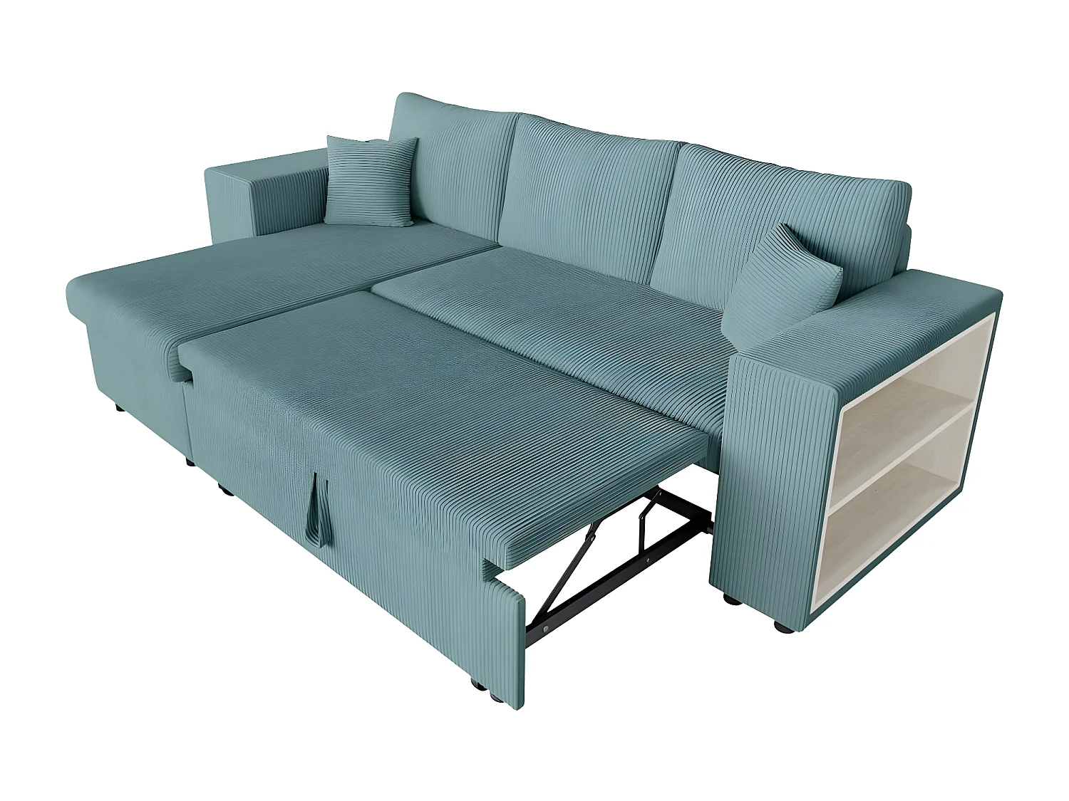 Canapé d'angle réversible Mady avec coffre, rangement poufs à gauche en velours côtelé bleu clair - L254 x P146 x H81cm - Loungitude
