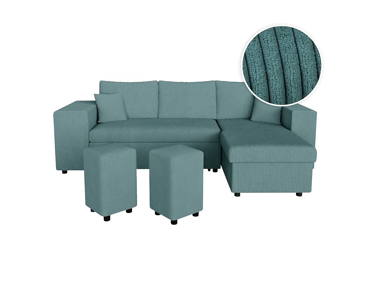 Canapé d'angle convertible 5 places avec pouf en velours bleu ciel