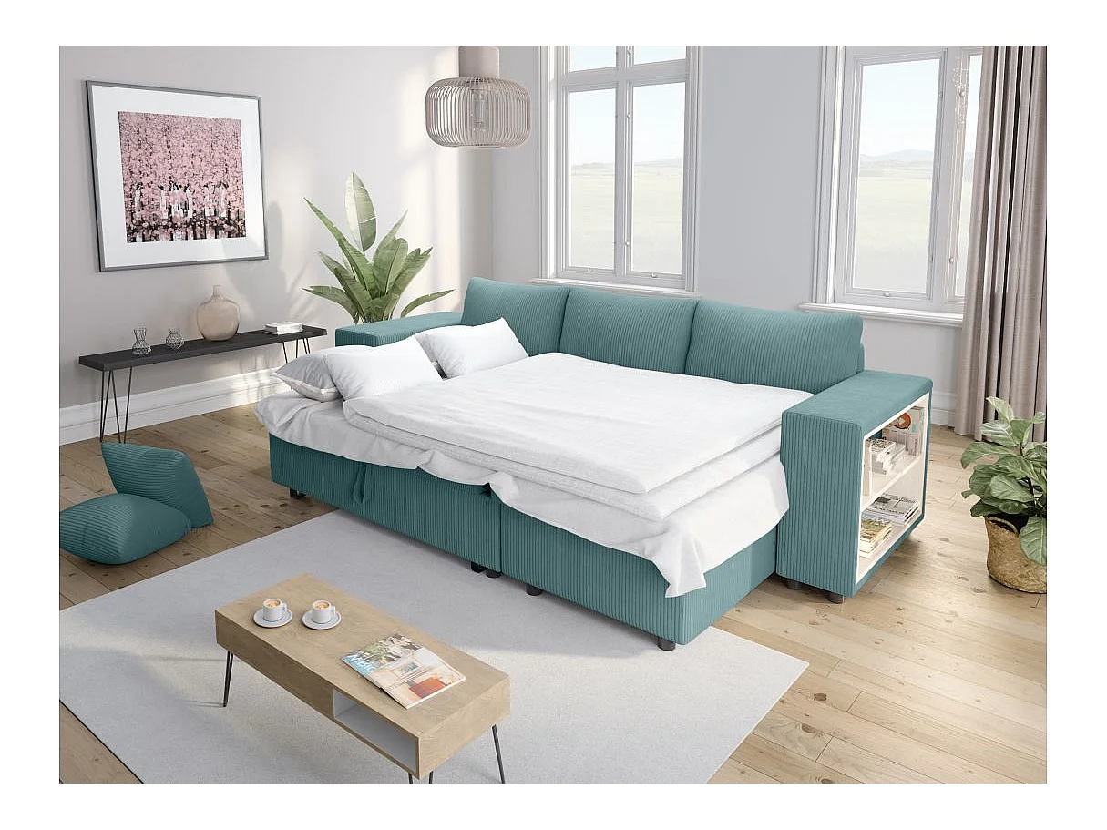 Canapé d'angle convertible 5 places avec pouf en velours bleu ciel