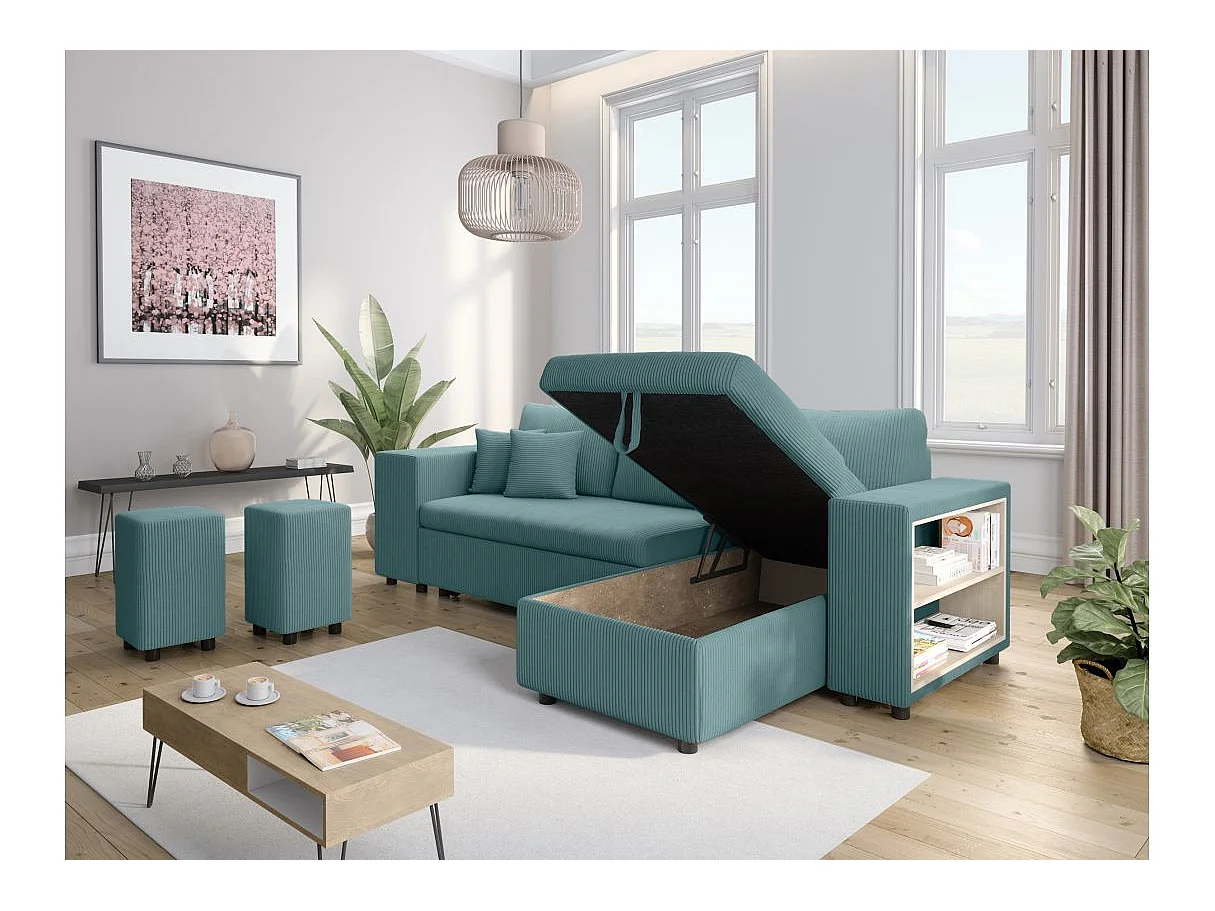 Canapé d'angle convertible 5 places avec pouf en velours bleu ciel