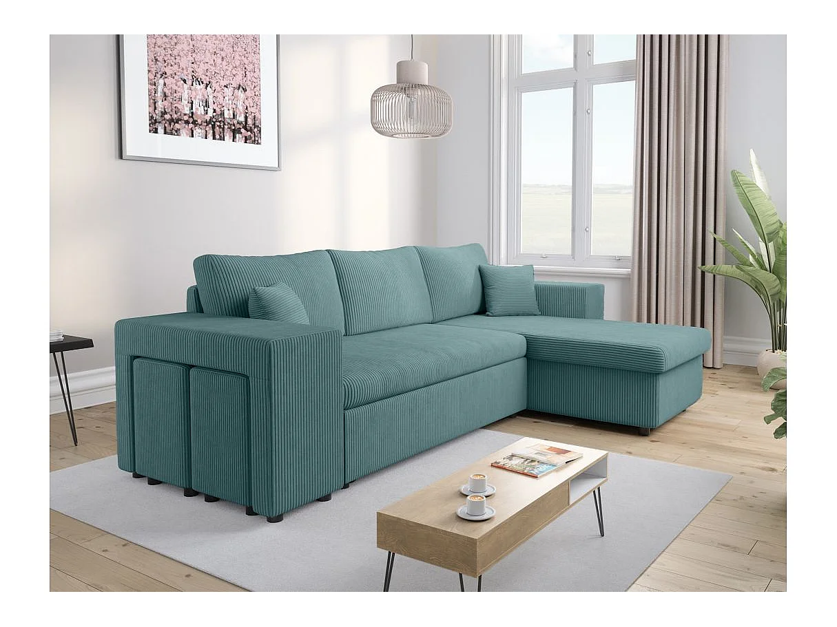 Canapé d'angle convertible 5 places avec pouf en velours bleu ciel