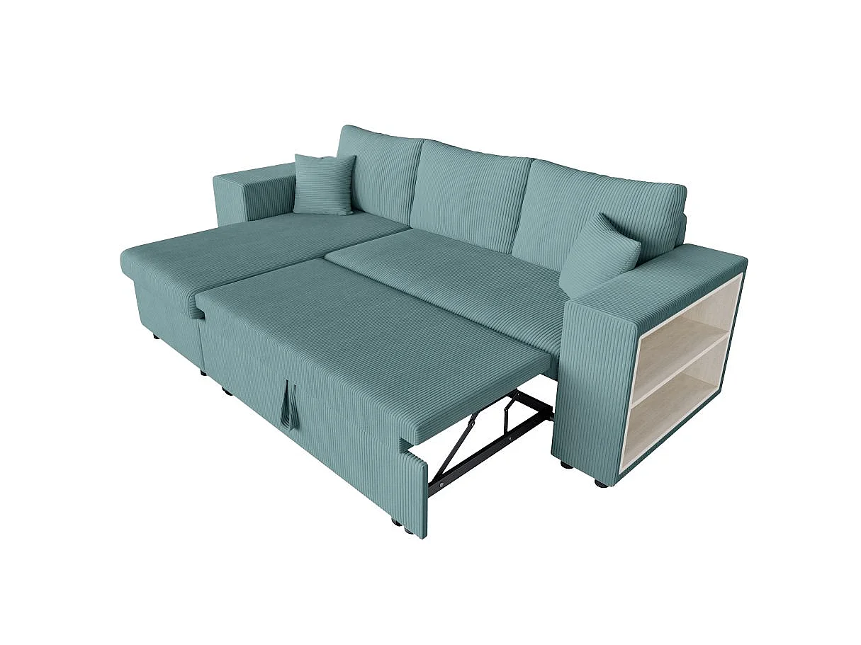 Canapé d'angle convertible 5 places avec pouf en velours bleu ciel