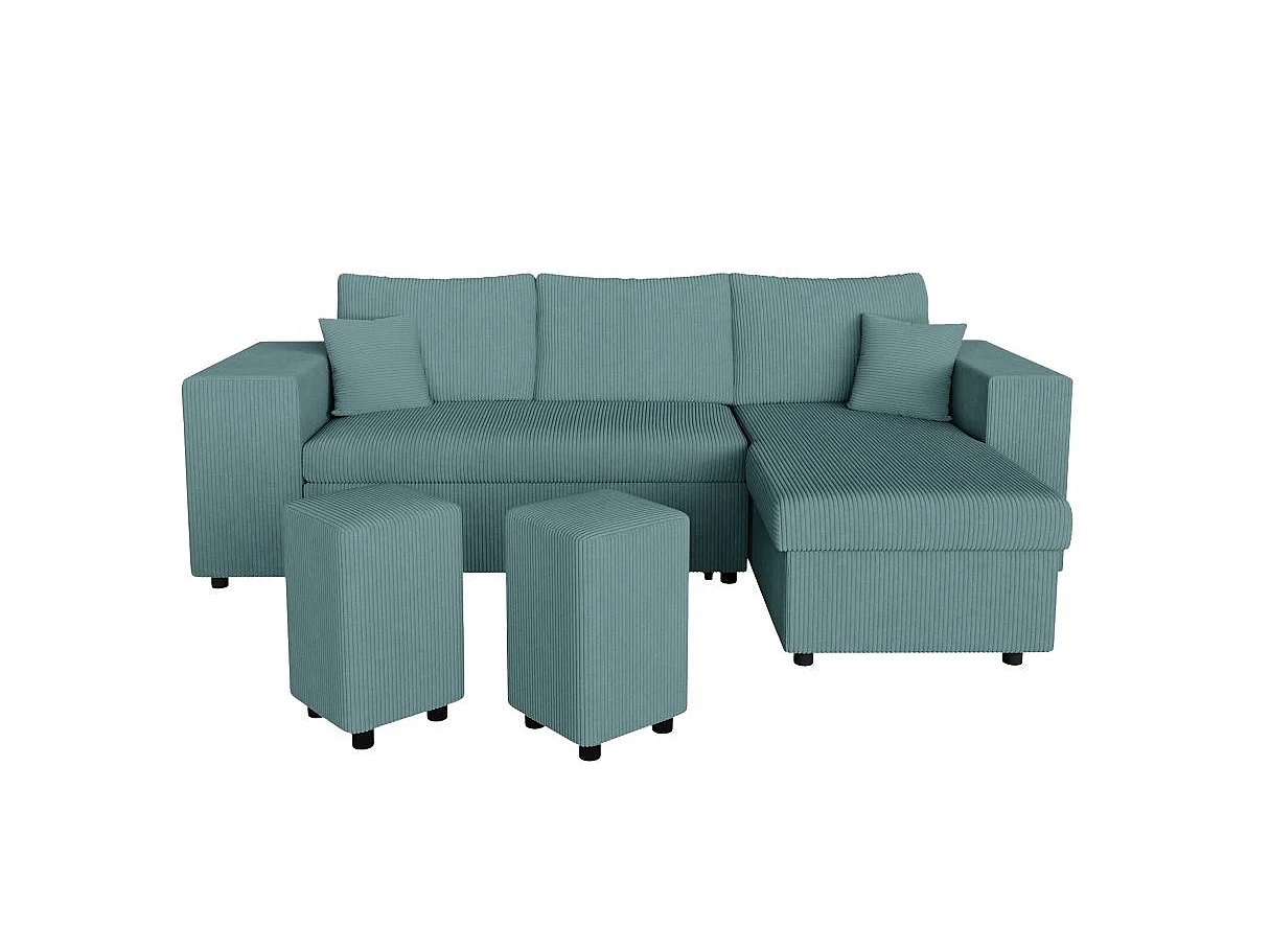 Canapé d'angle convertible 5 places avec pouf en velours bleu ciel