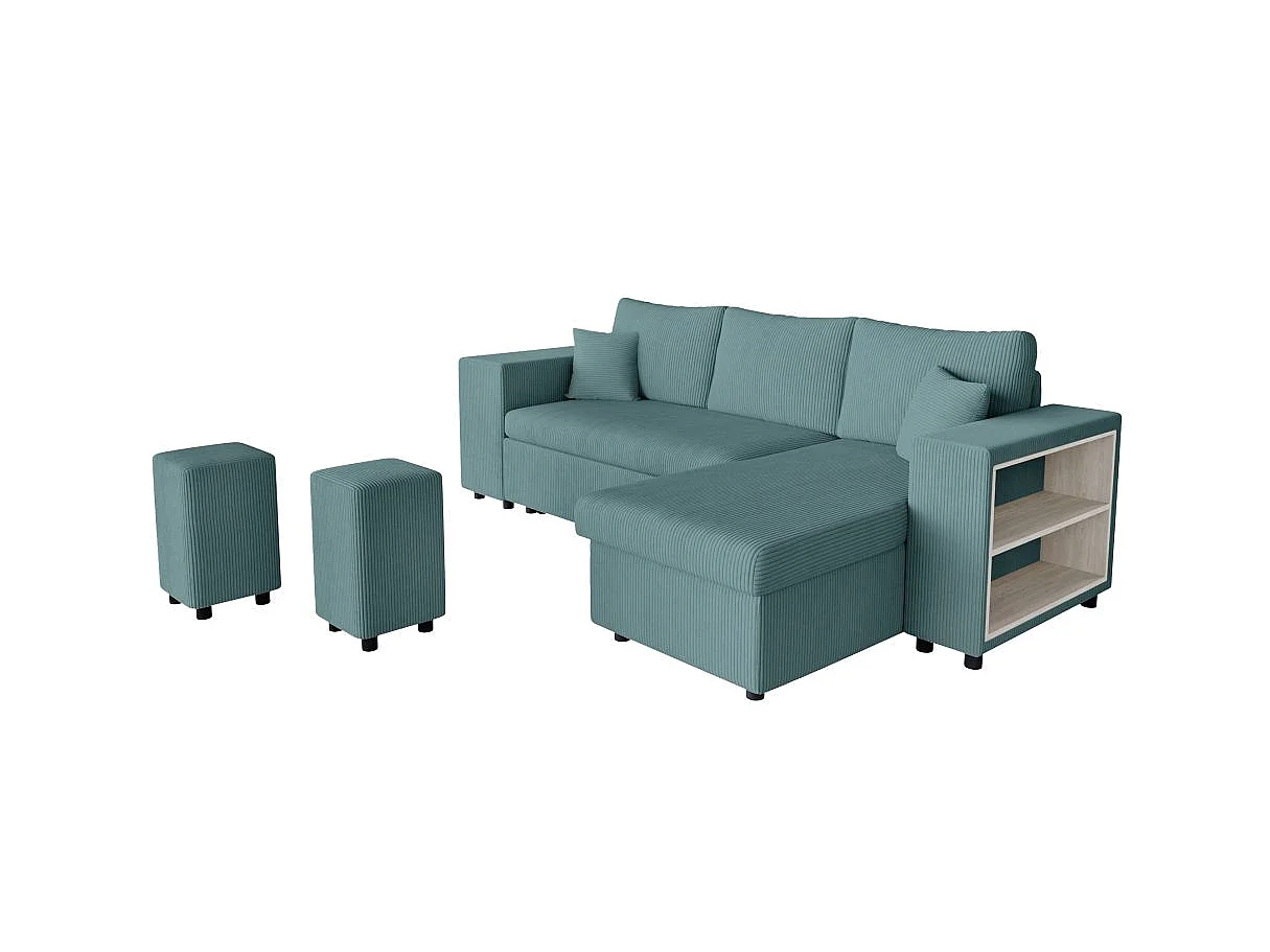 Canapé d'angle convertible 5 places avec pouf en velours bleu ciel