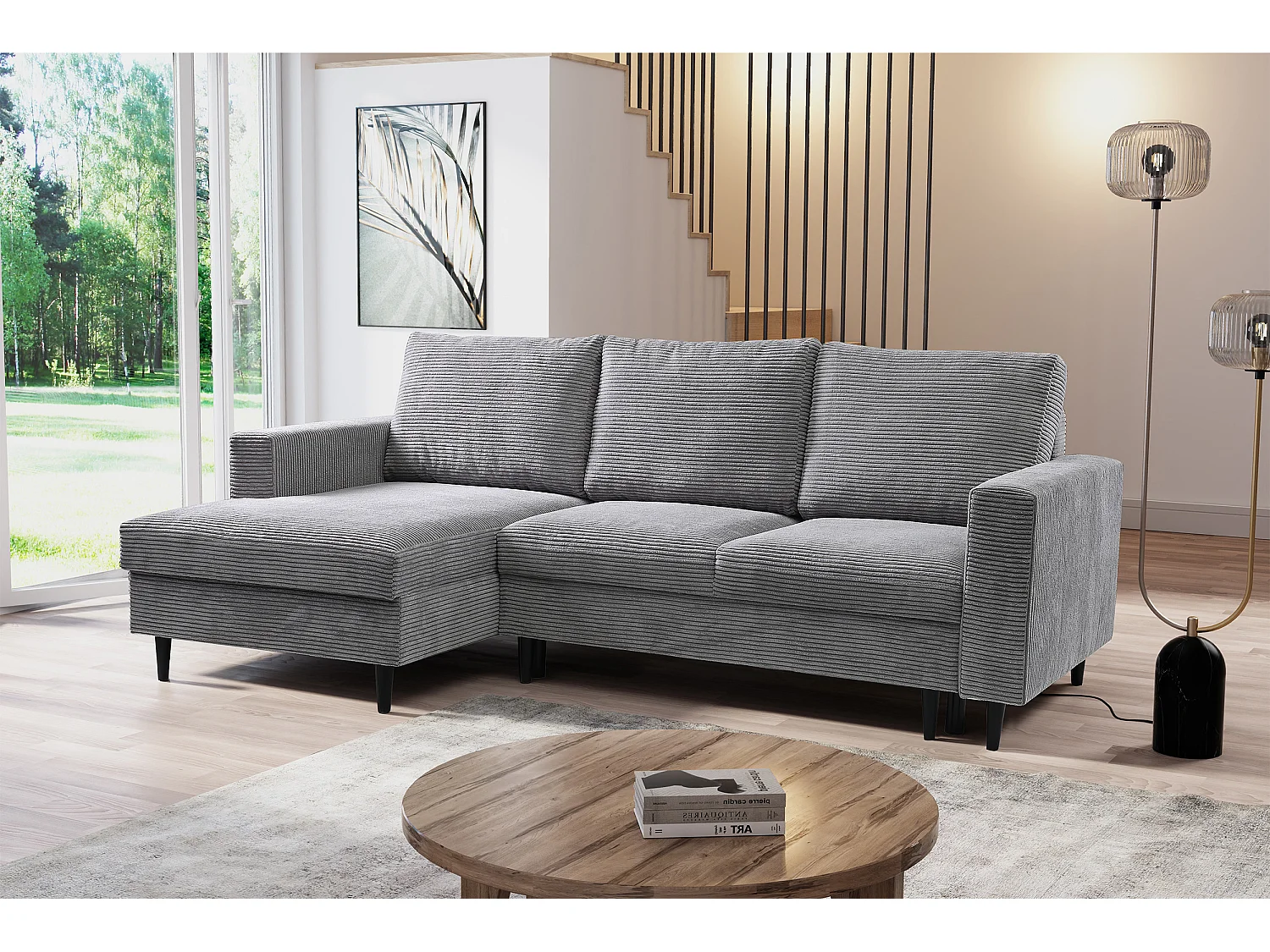Hoekbank - met L-vormige slaapfunctie - grijs corduroy - linkerzijde - NALIKA