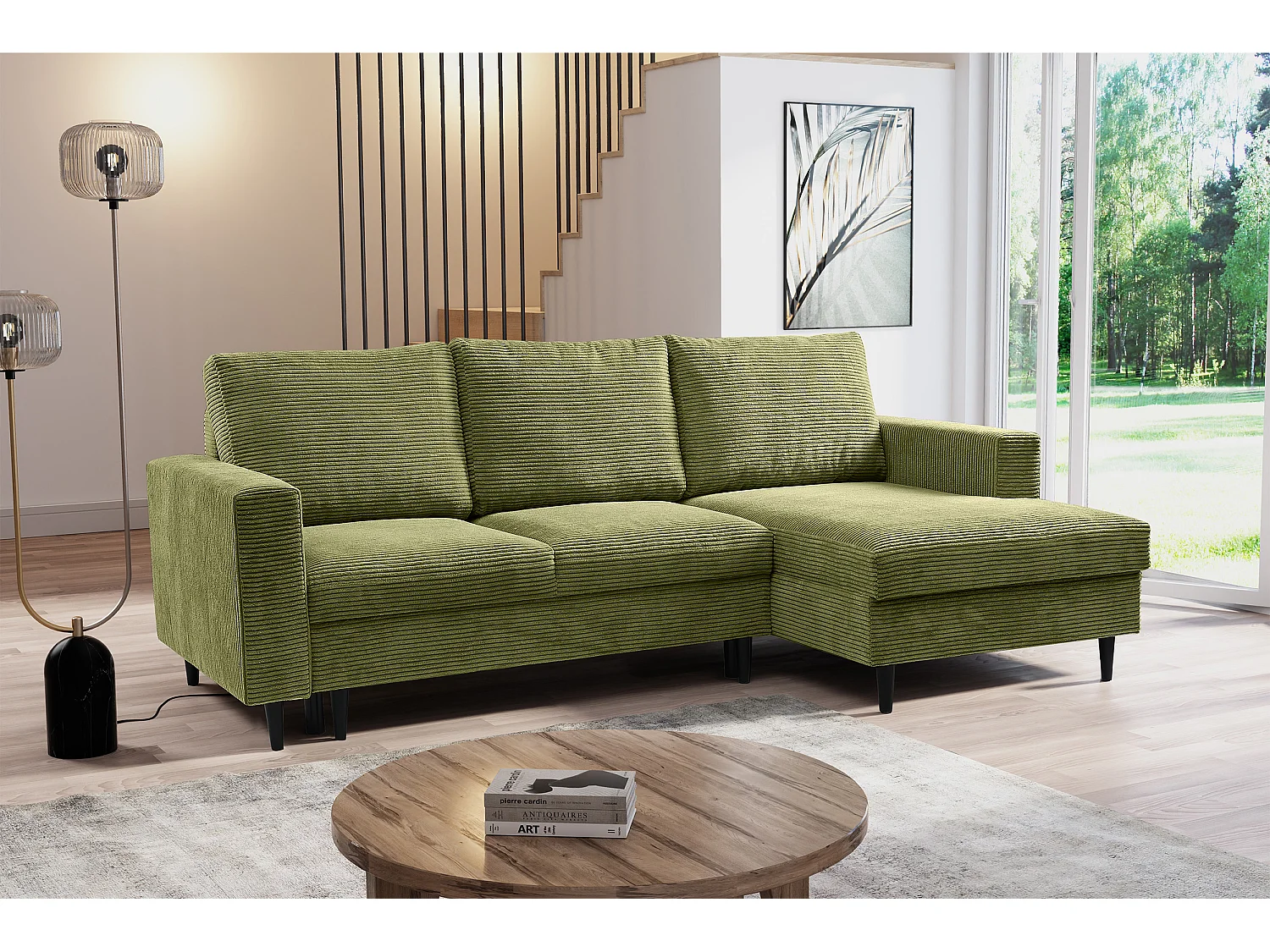 Hoekbank - met L-vormige slaapfunctie - pistachekleurig corduroy - rechterkant - NALIKA