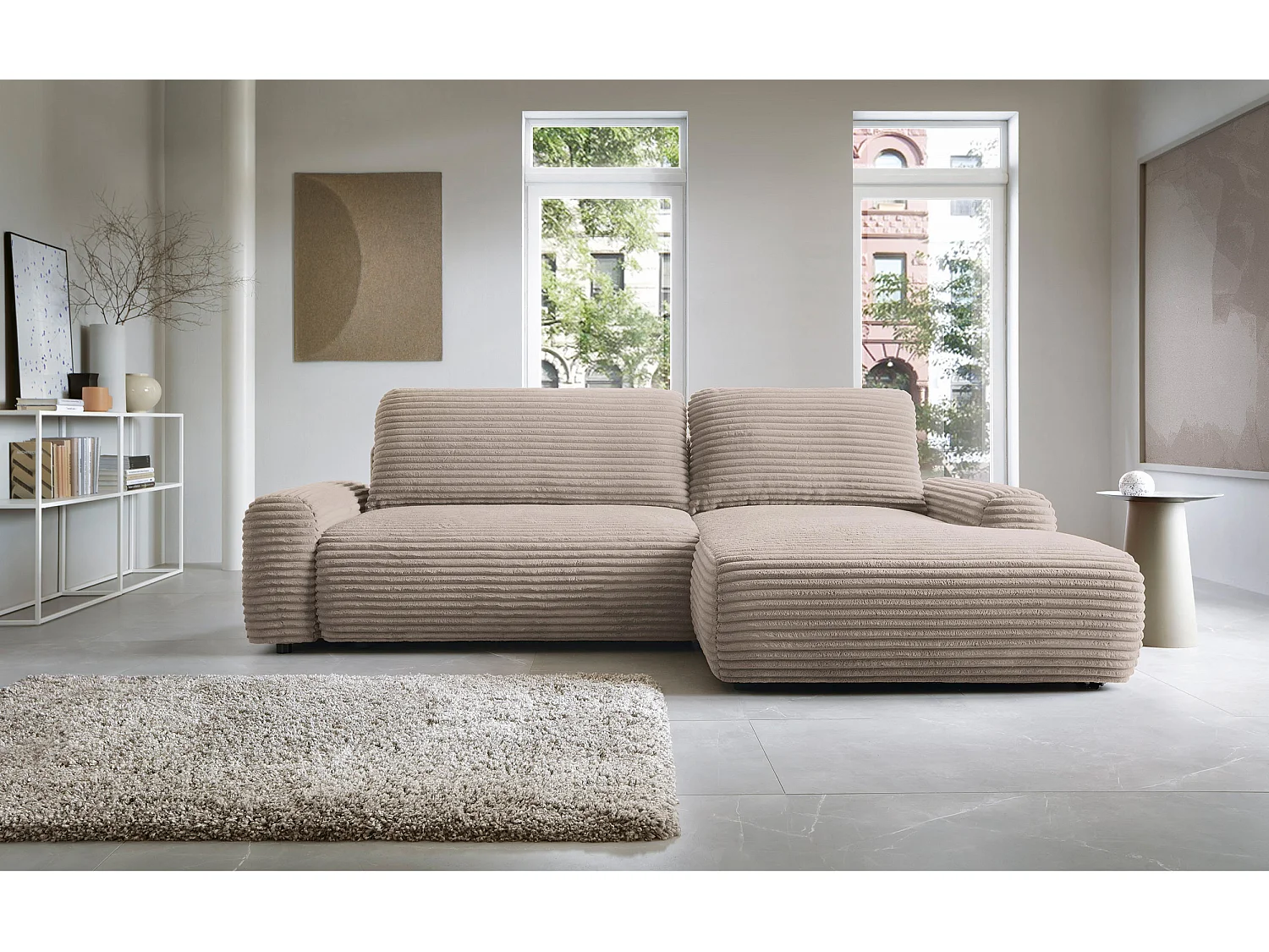 Canapé d'angle en forme de L avec fonction de couchage - velours côtelé - beige - côté droit - ALFERIA