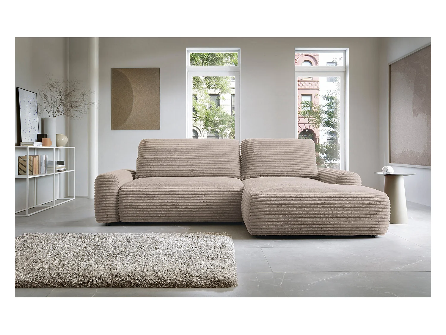 Canapé d'angle en forme de L avec fonction de couchage - velours côtelé - beige - côté droit - ALFERIA