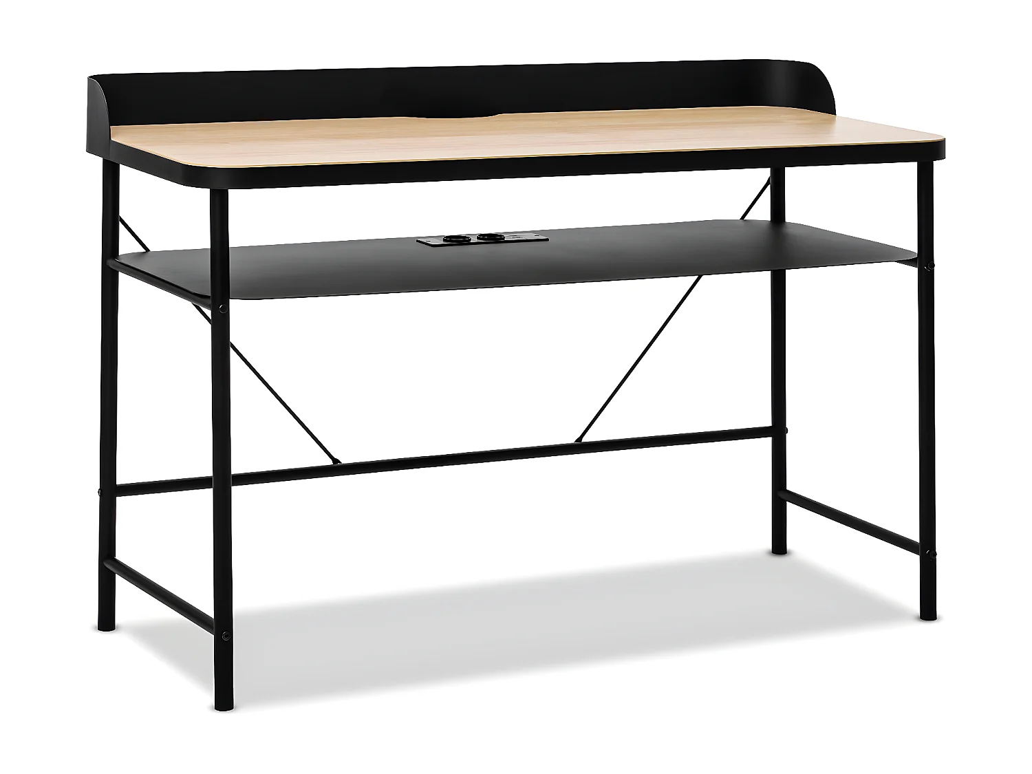 Hariyang - Mesa de metal com prateleira de madeira 120x50 cm equipada com 2 soquetes Shuko e 2 portas USB