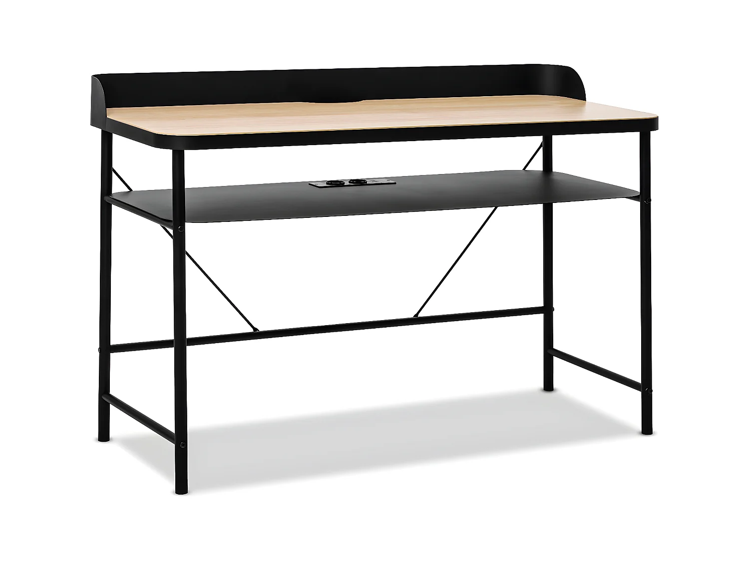 Hariyang - Escritorio de metal con estante de madera 120x50 cm con 2 tomas shuko y 2 puertos USB