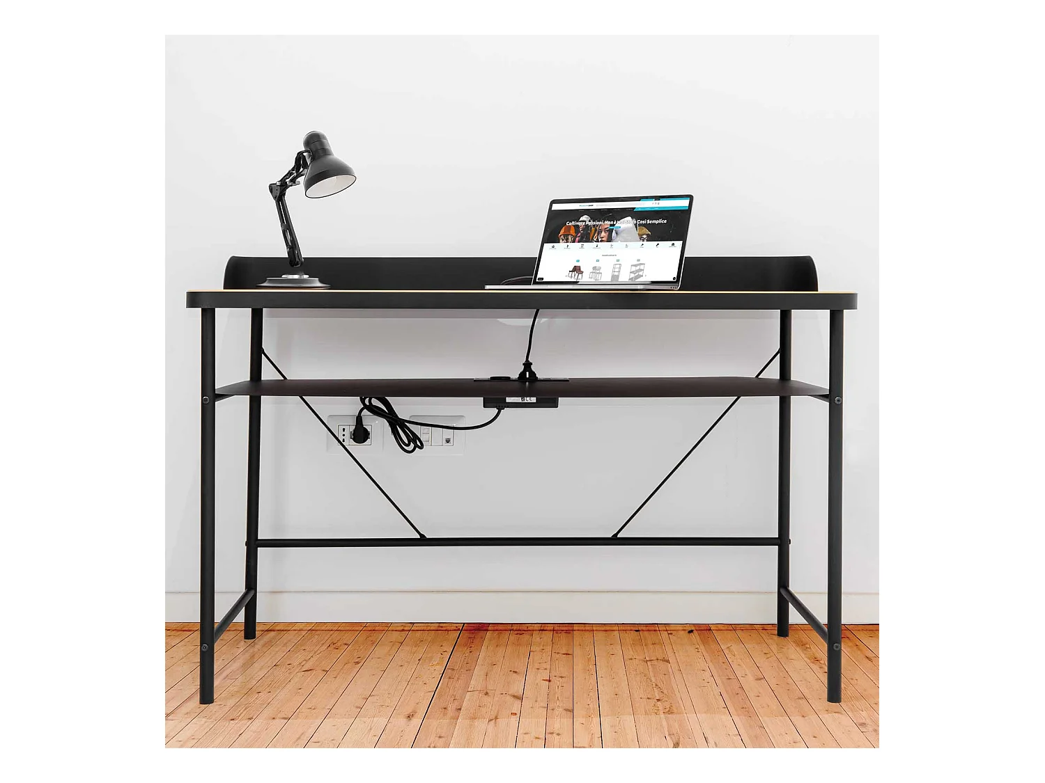 Hariyang - Escritorio de metal con estante de madera 120x50 cm con 2 tomas shuko y 2 puertos USB