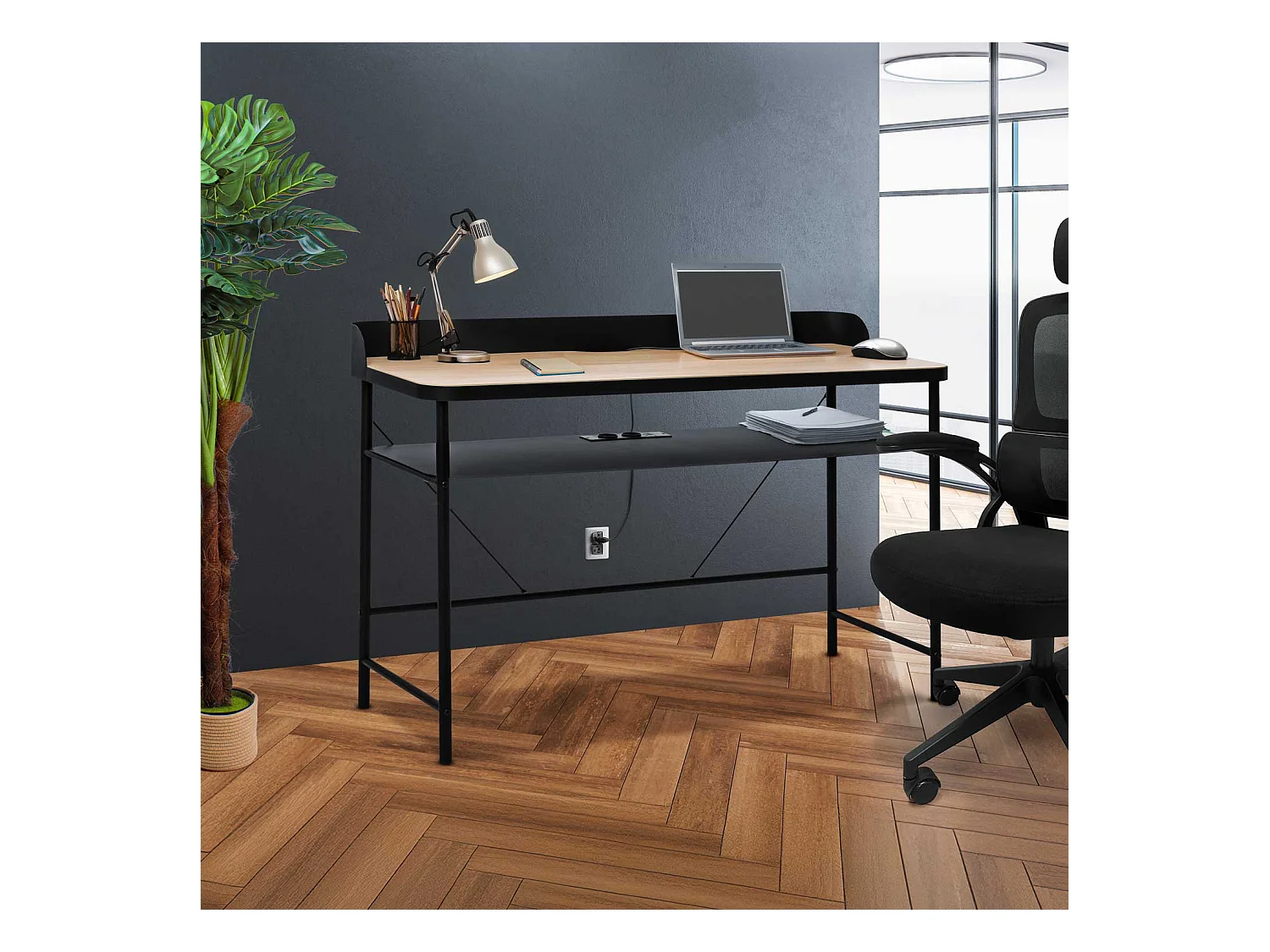 Hariyang - Escritorio de metal con estante de madera 120x50 cm con 2 tomas shuko y 2 puertos USB