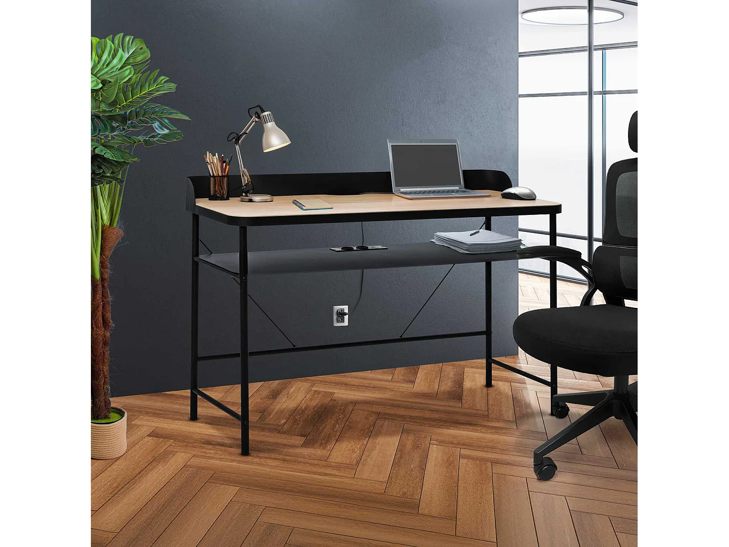 Hariyang - Bureau en métal avec étagère en bois 120x50 cm équipé de 2 prises shuko et 2 ports USB