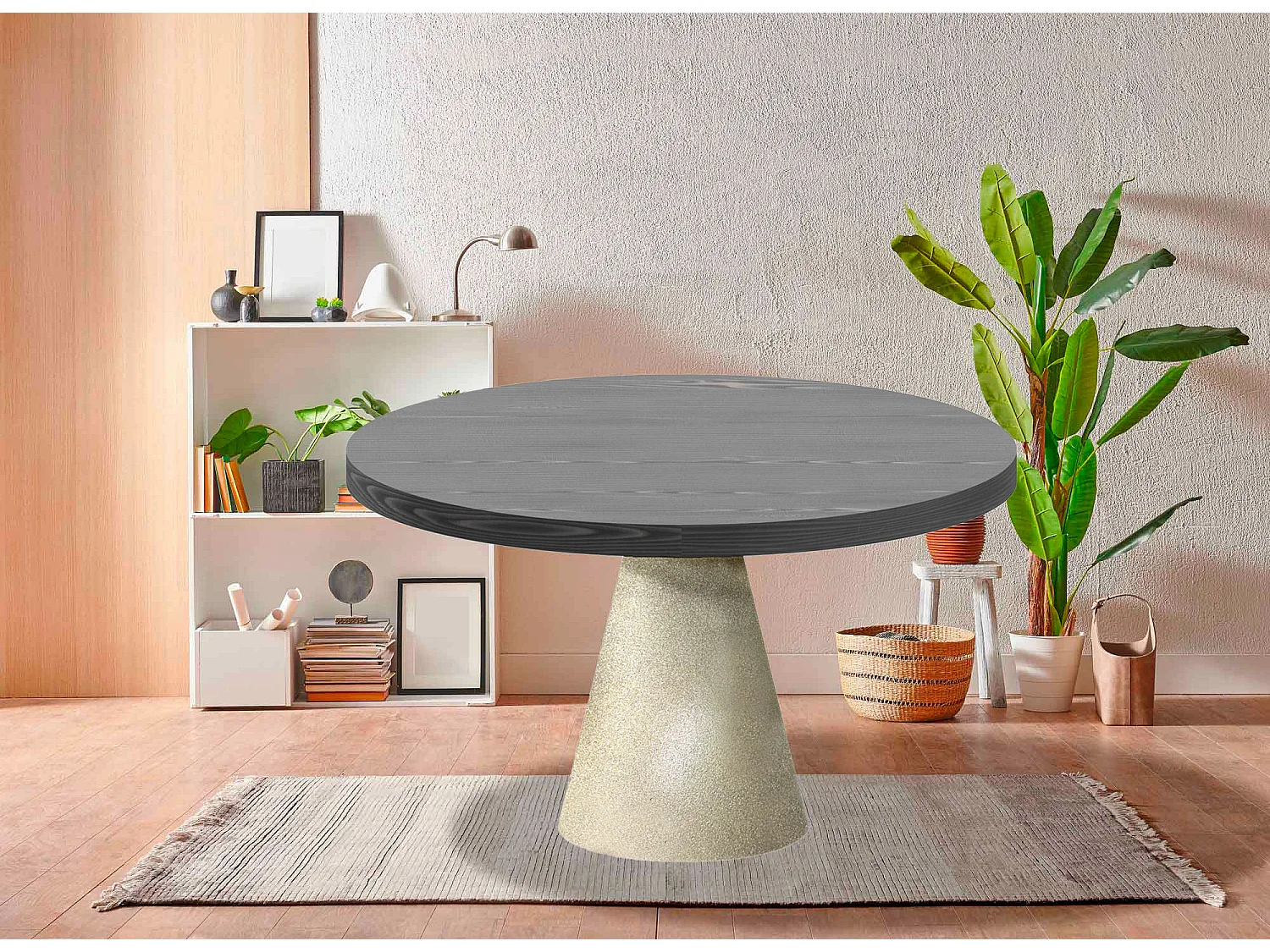 Artù Brass - Mesa de jantar redonda Ø 120 cm em madeira laminada com base de cone de metal, cor preto