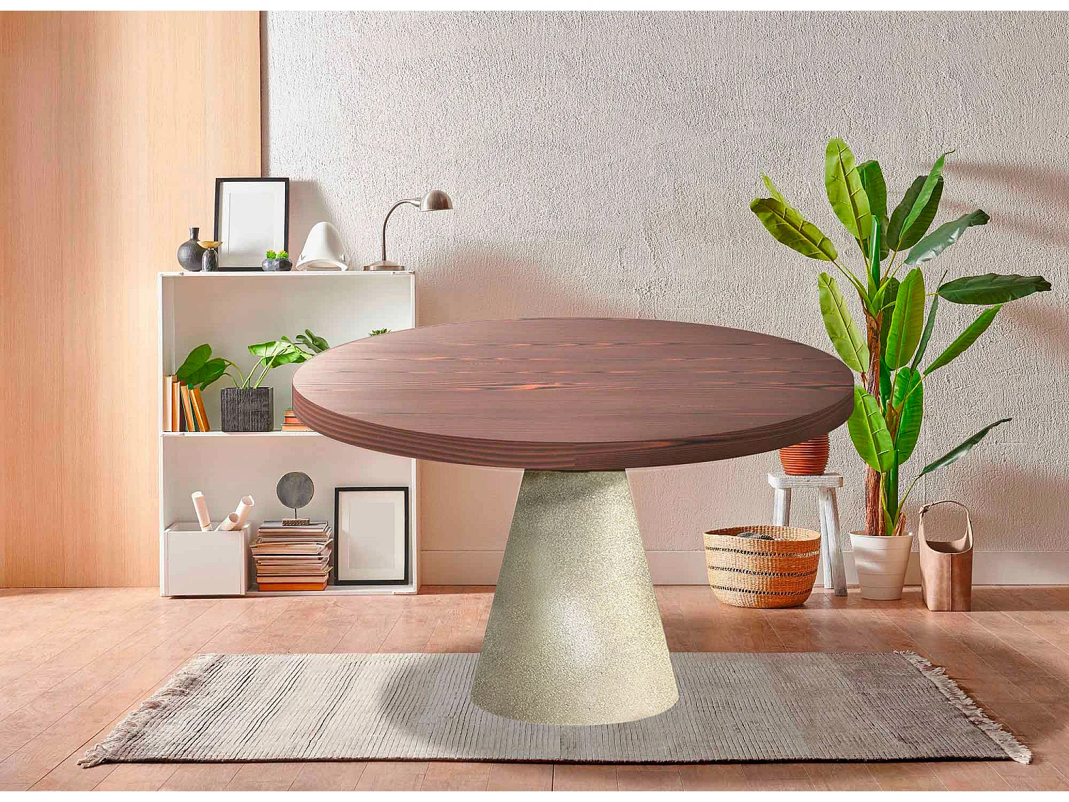 Artù Brass - Mesa de comedor redonda Ø 120 cm en madera laminada con base de cono de metal, color madera oscura