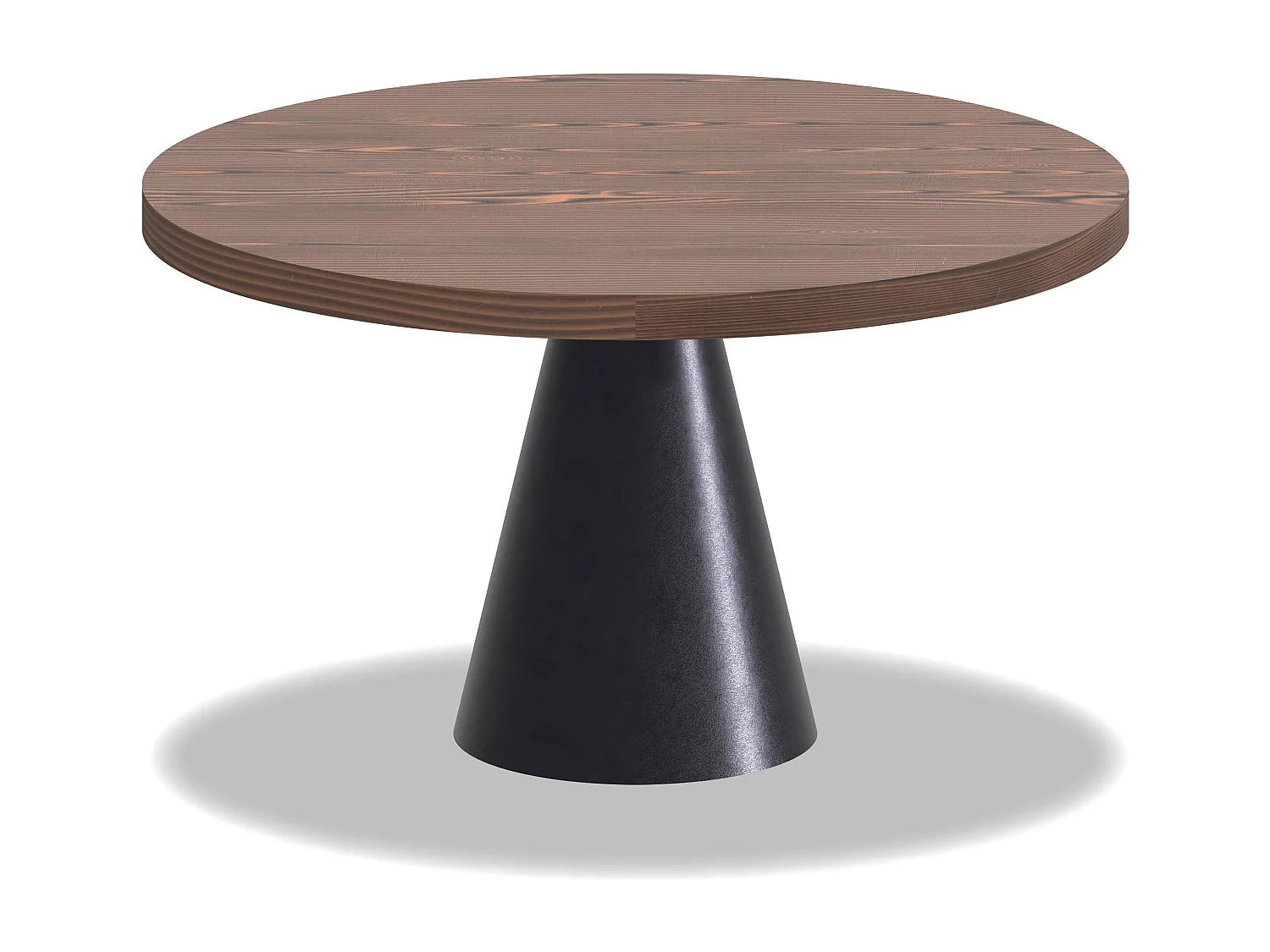 Artù Black - Mesa de comedor redonda Ø 120 cm en madera laminada con base de cono de metal, color madera oscura