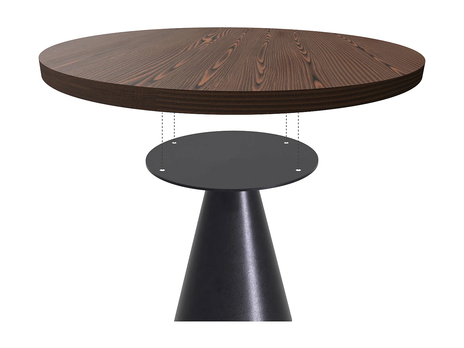 Artù Black - Mesa de comedor redonda Ø 120 cm en madera laminada con base de cono de metal, color madera oscura