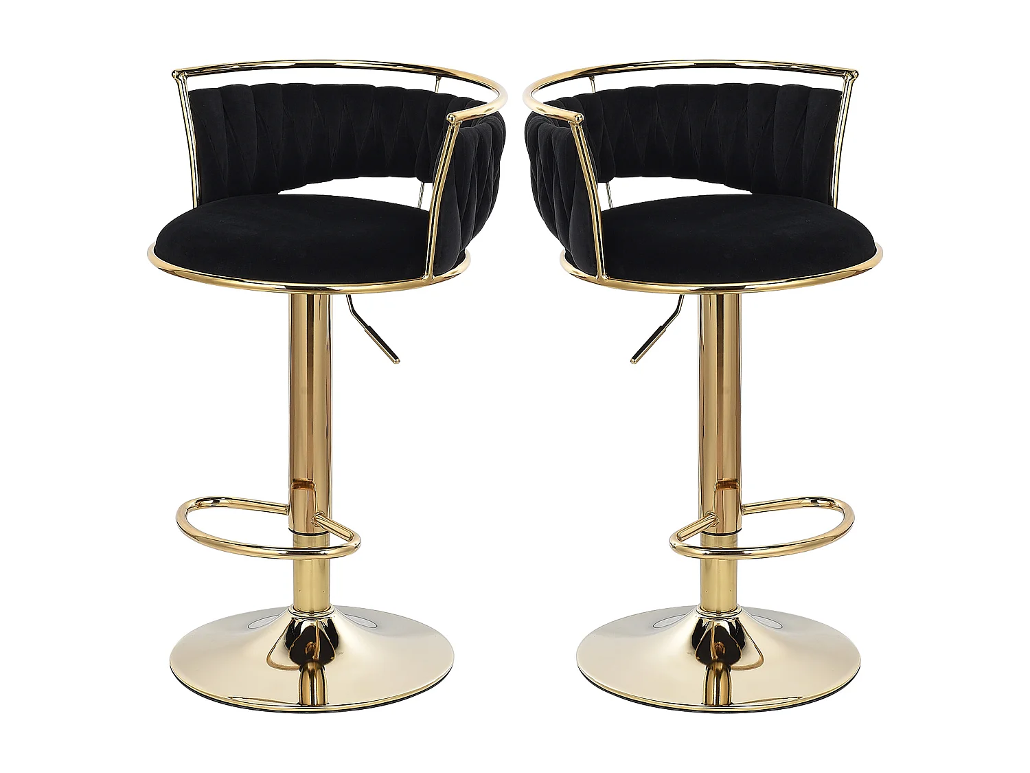 Lot de 2 tabourets de bar - Velours - avec pied doré - noir