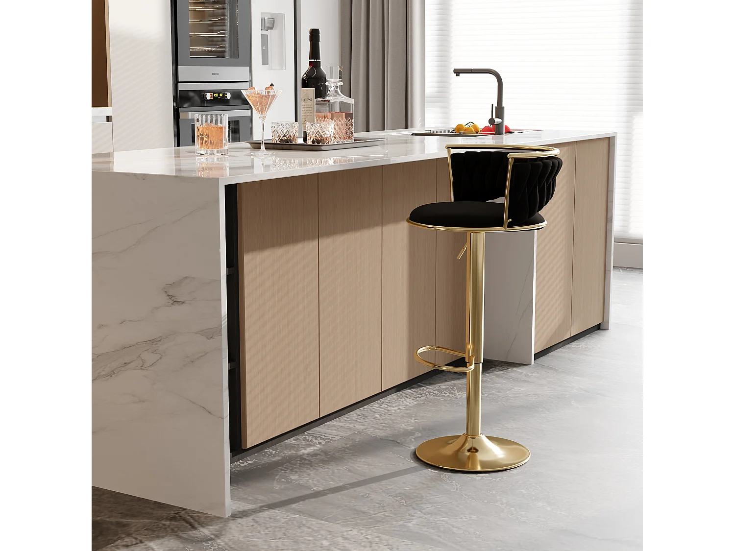 Lot de 2 tabourets de bar - Velours - avec pied doré - noir