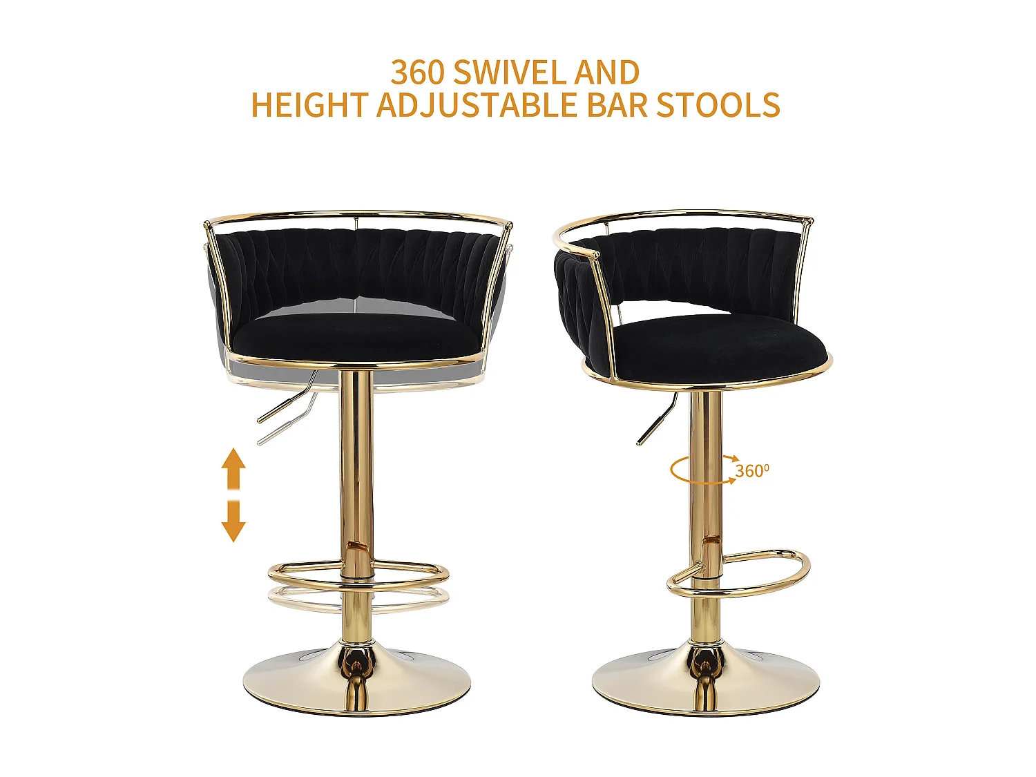 Lot de 2 tabourets de bar - Velours - avec pied doré - noir