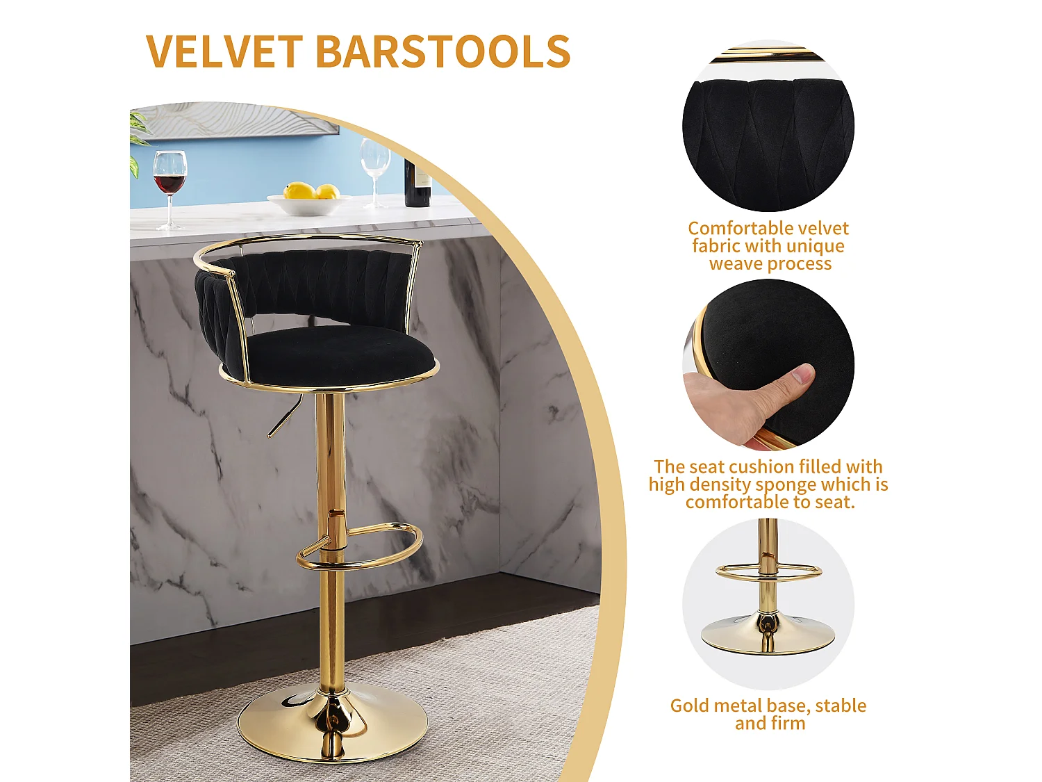 Lot de 2 tabourets de bar - Velours - avec pied doré - noir