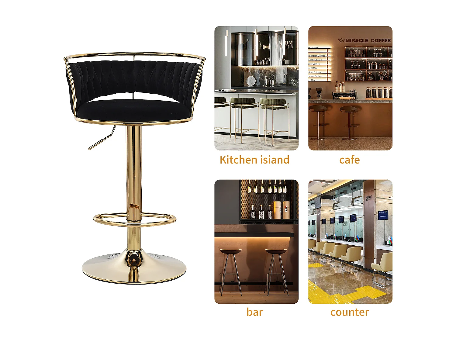 Lot de 2 tabourets de bar - Velours - avec pied doré - noir