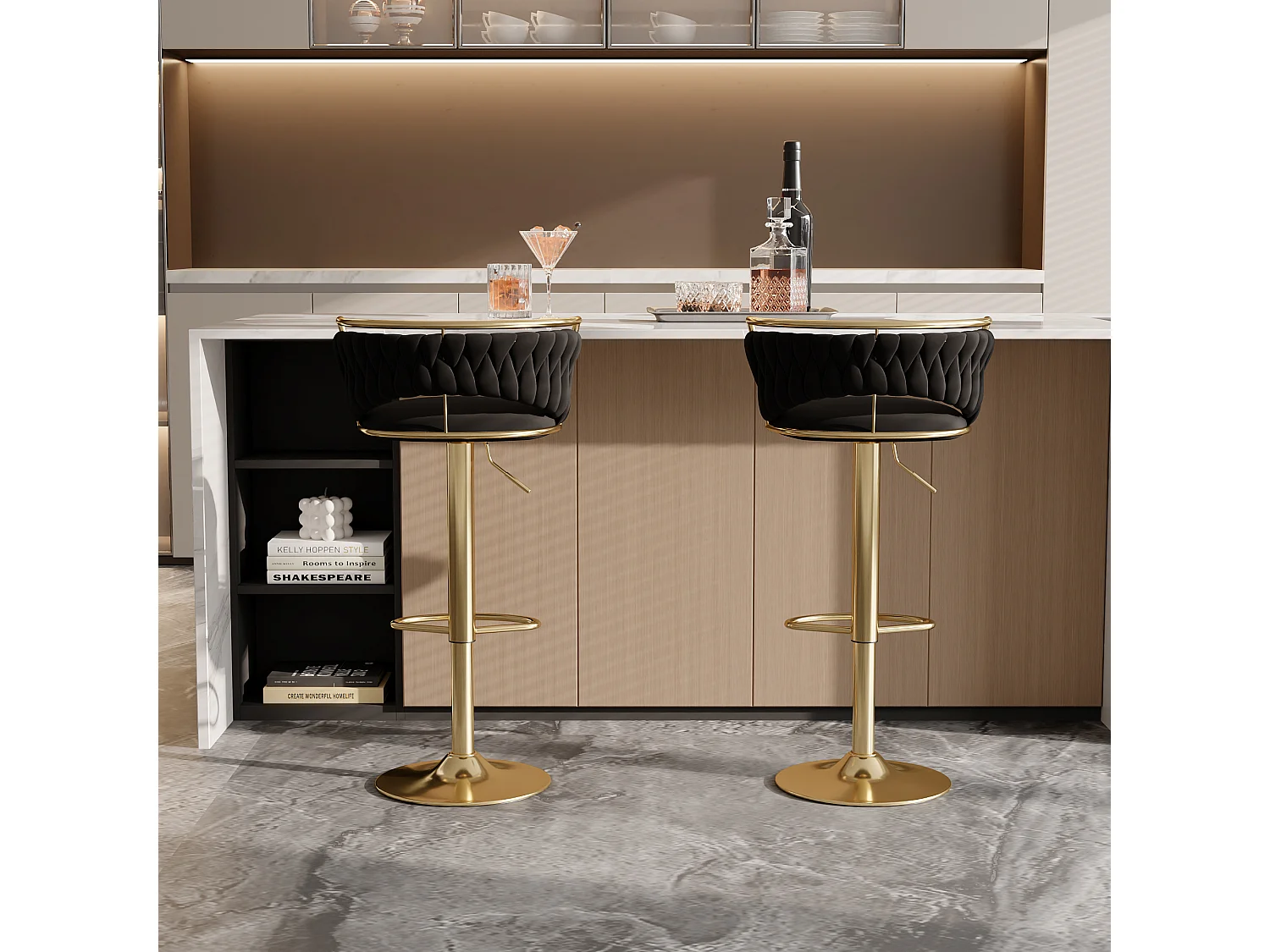 Lot de 2 tabourets de bar - Velours - avec pied doré - noir