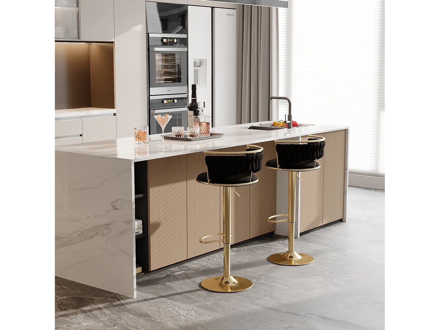 Lot de 2 tabourets de bar - Velours - avec pied doré - noir