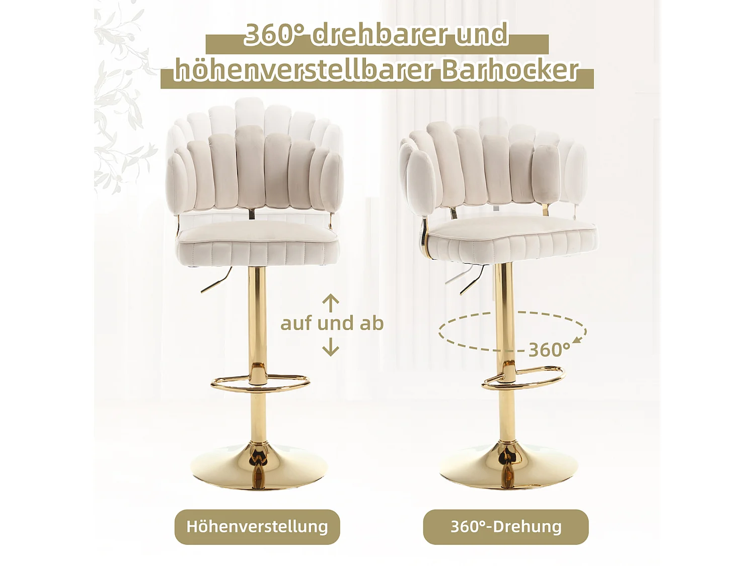 Lot de 2 tabourets de bar pivotants, chaises réglables en hauteur avec repose-pieds pour cuisine, salle à manger, 48x44.5x92-114cm, beige