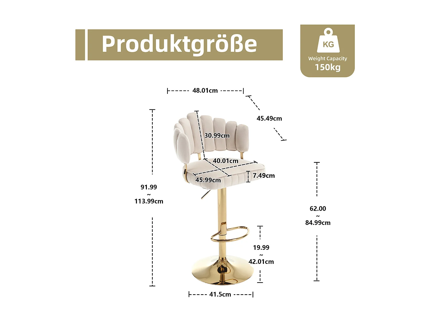 Lot de 2 tabourets de bar pivotants, chaises réglables en hauteur avec repose-pieds pour cuisine, salle à manger, 48x44.5x92-114cm, beige