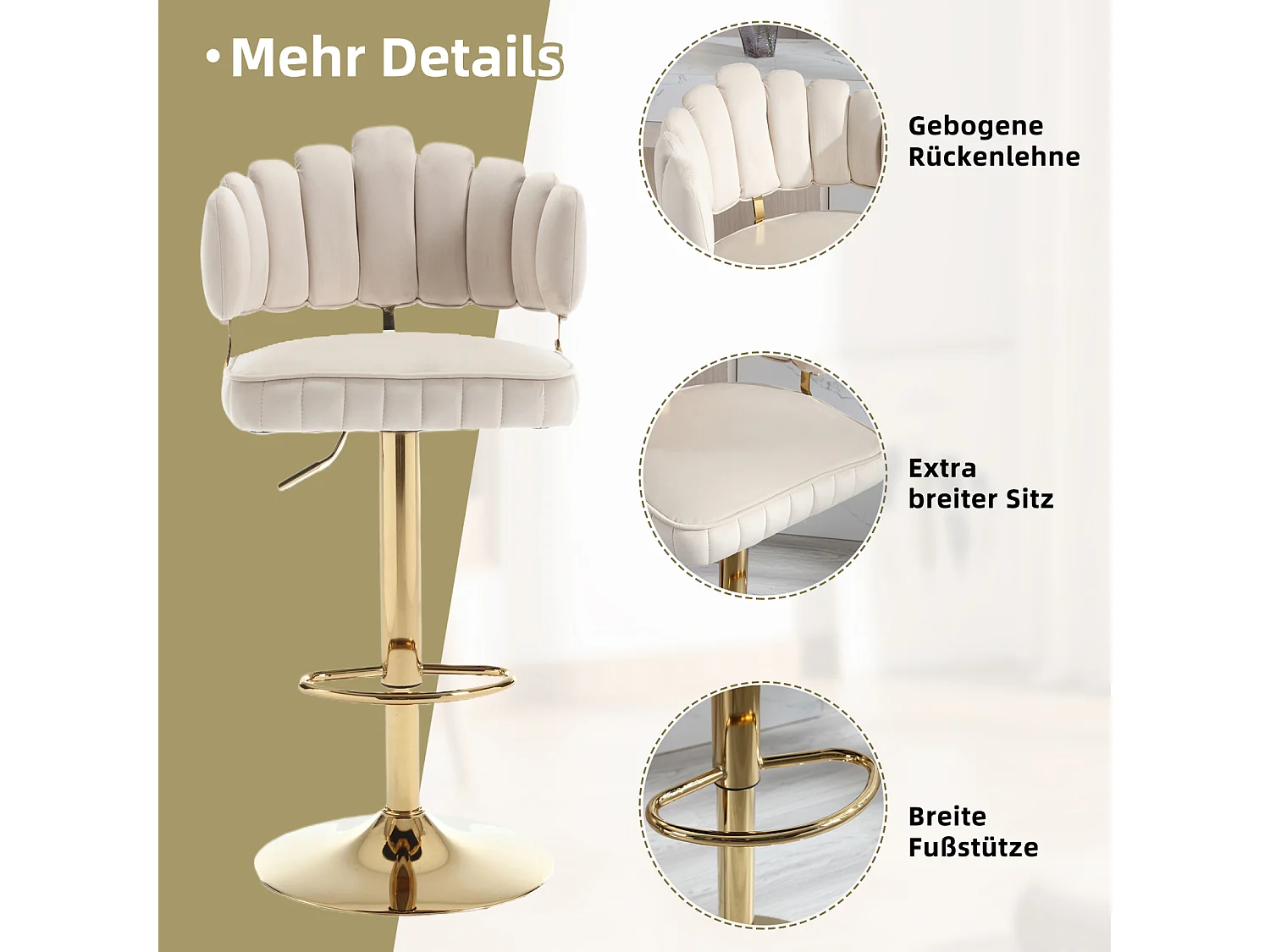 Lot de 2 tabourets de bar pivotants, chaises réglables en hauteur avec repose-pieds pour cuisine, salle à manger, 48x44.5x92-114cm, beige