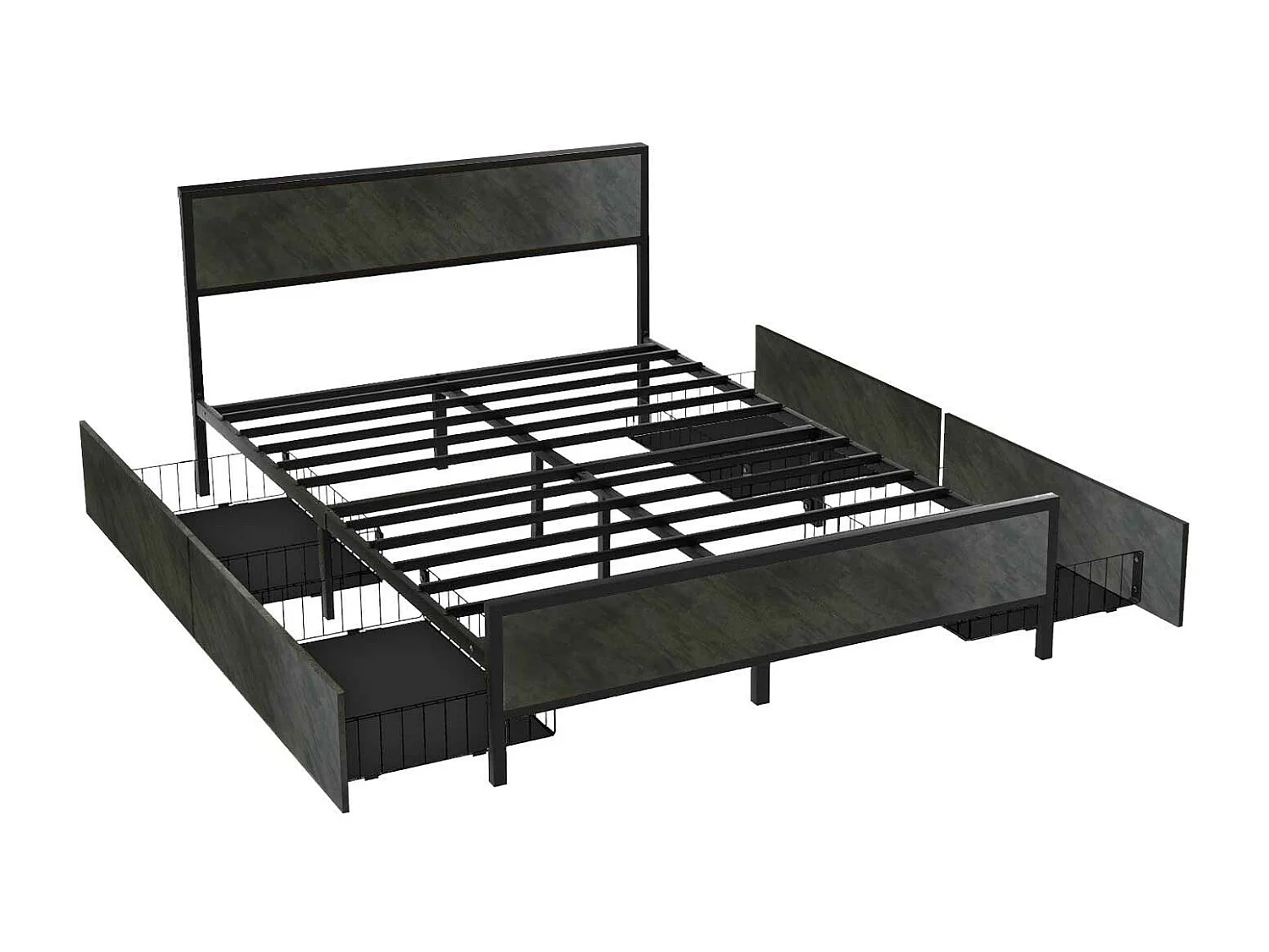 Hekla - Struttura letto matrimoniale in legno e metallo con 4 cassetti, 162x195 cm colore cemento