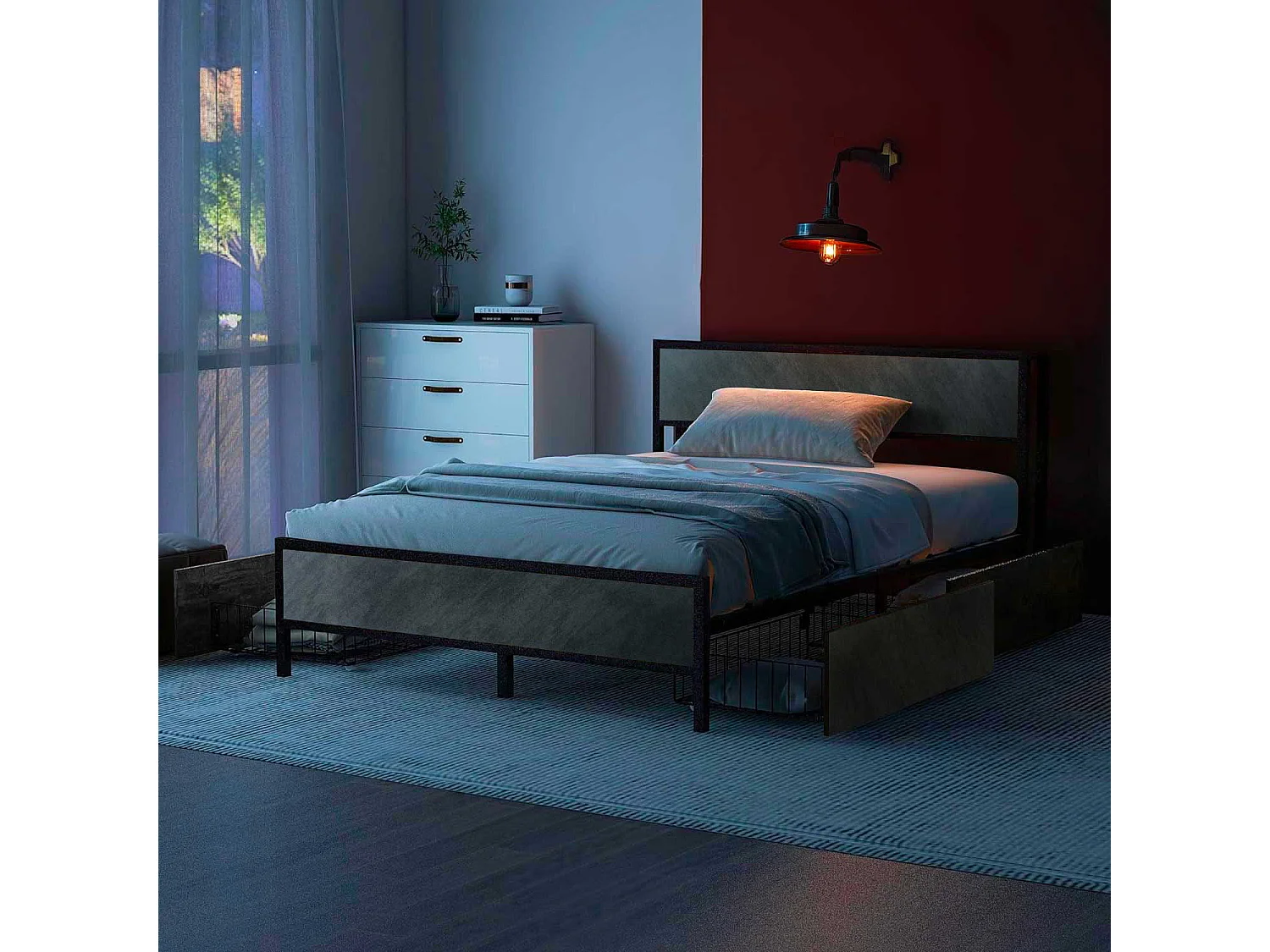 Hekla - Struttura letto matrimoniale in legno e metallo con 4 cassetti, 162x195 cm colore cemento