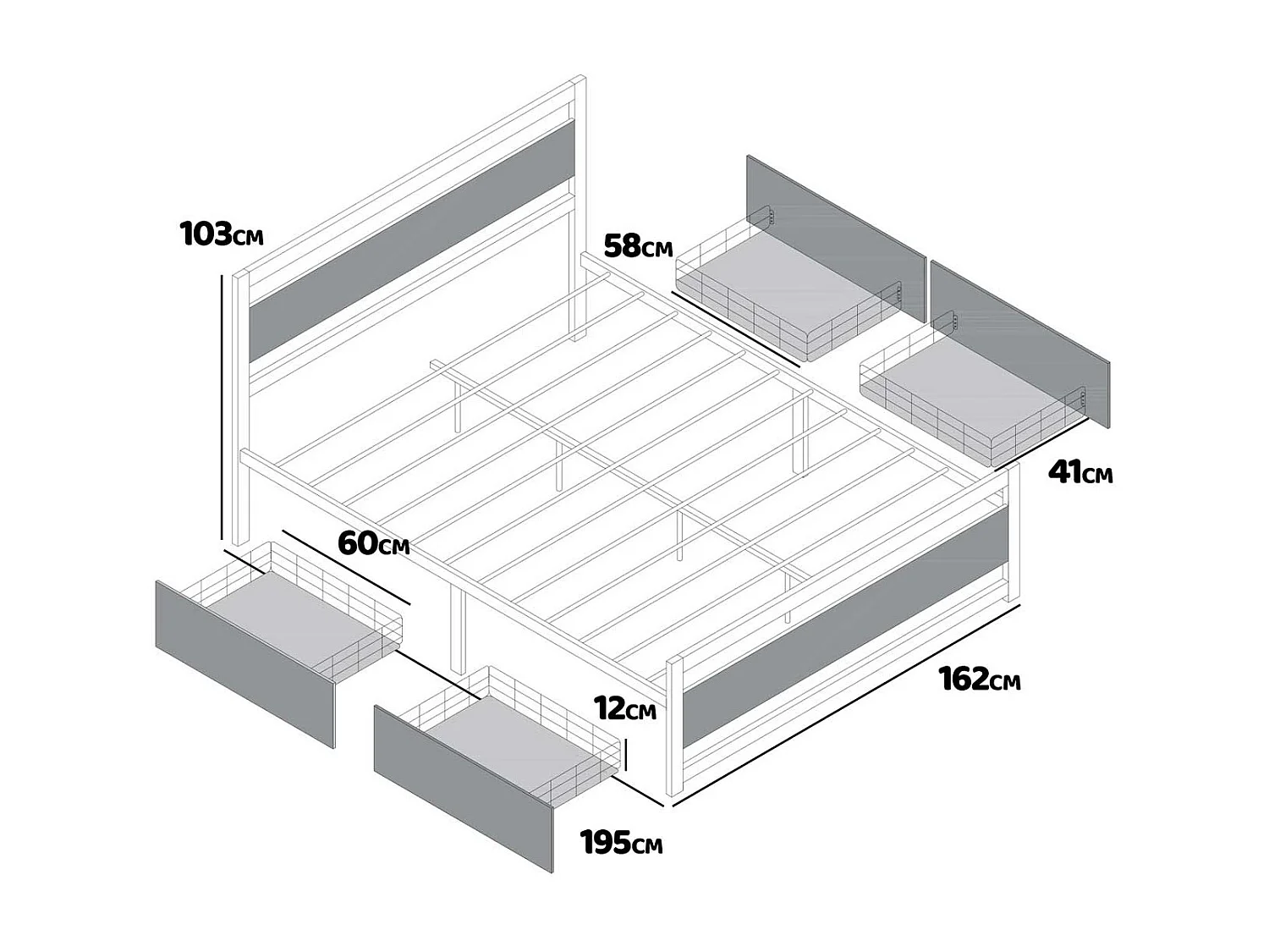 Hekla - Struttura letto matrimoniale in legno e metallo con 4 cassetti, 162x195 cm colore cemento